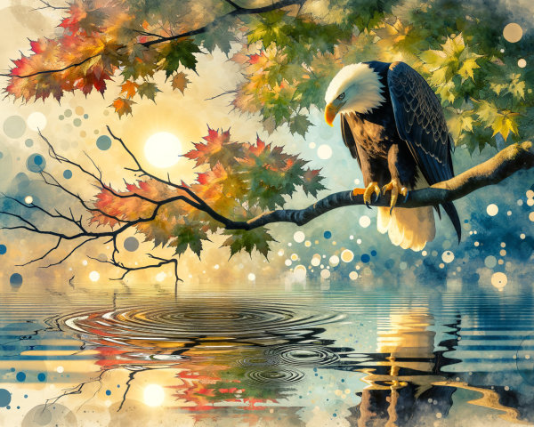 Bald Eagle on Branch Overlooking Autumn Lake Scene