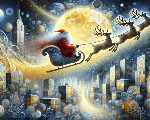 Santa Claus in a Sleigh Over a Starry Cityscape