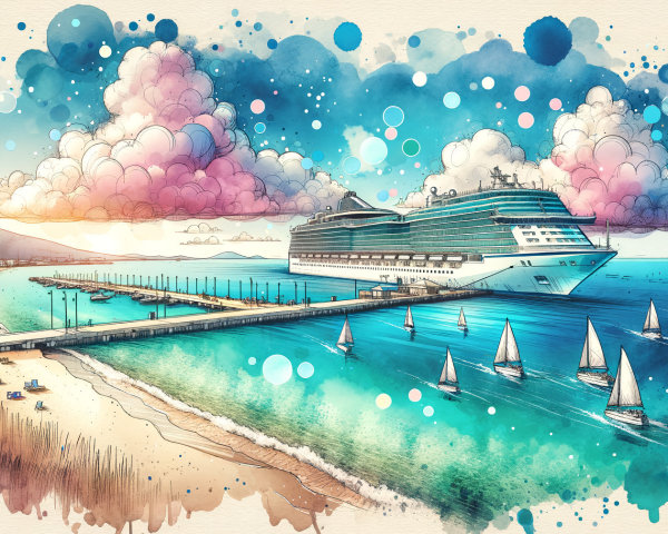 Watercolor Illustration of a Cruise Ship at Pier