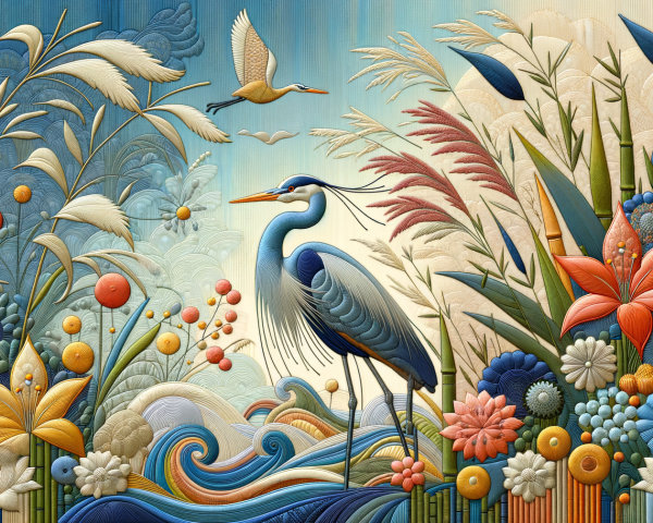 Vibrant Artwork of Blue Herons in Serene Nature Scene