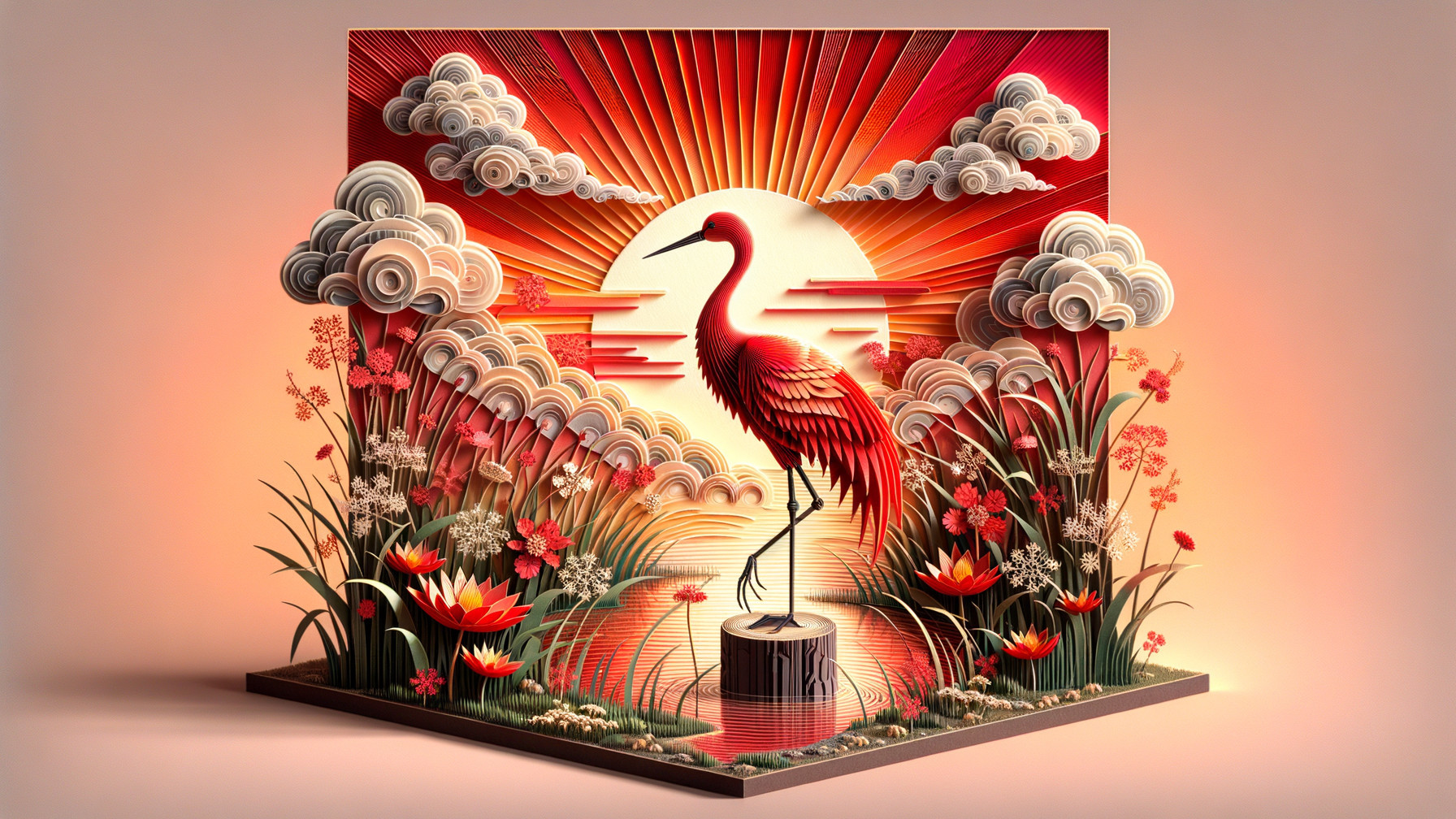 Diorama of Crane in Sunset with Vibrant Flowers