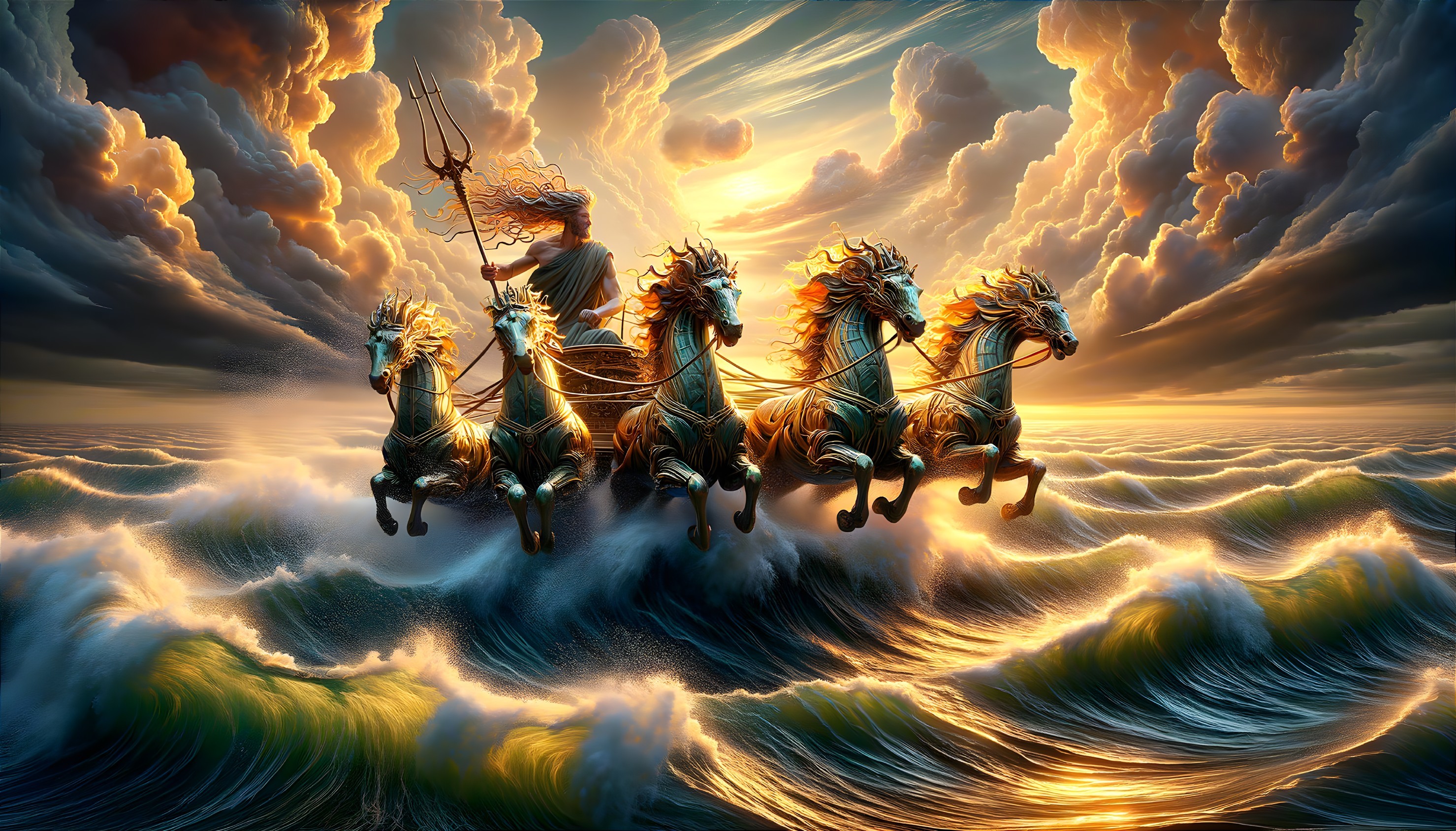 Chariot Rider Amidst Ocean Waves and Sunset Clouds
