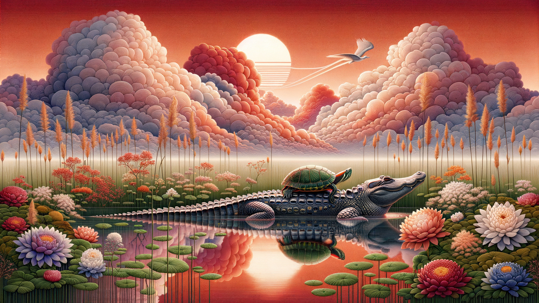 Surreal Landscape with Sunset and Crocodile Scene