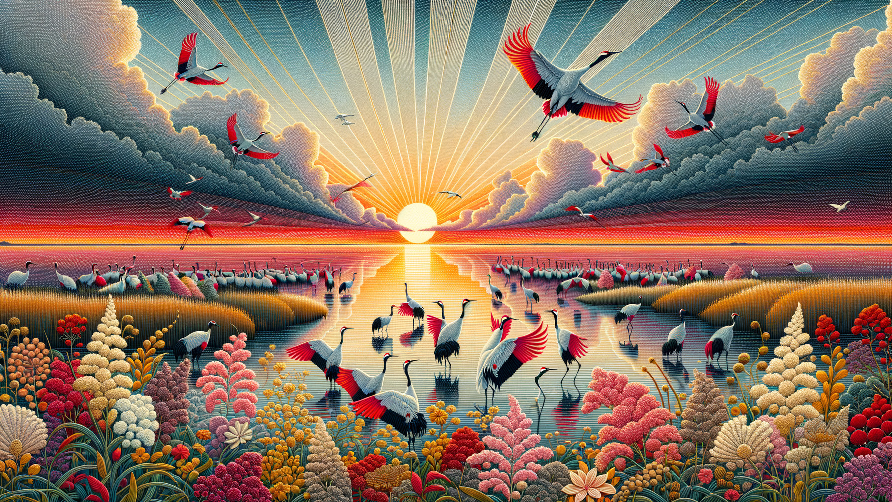 Serene Landscape with Sunset and Cranes Reflection