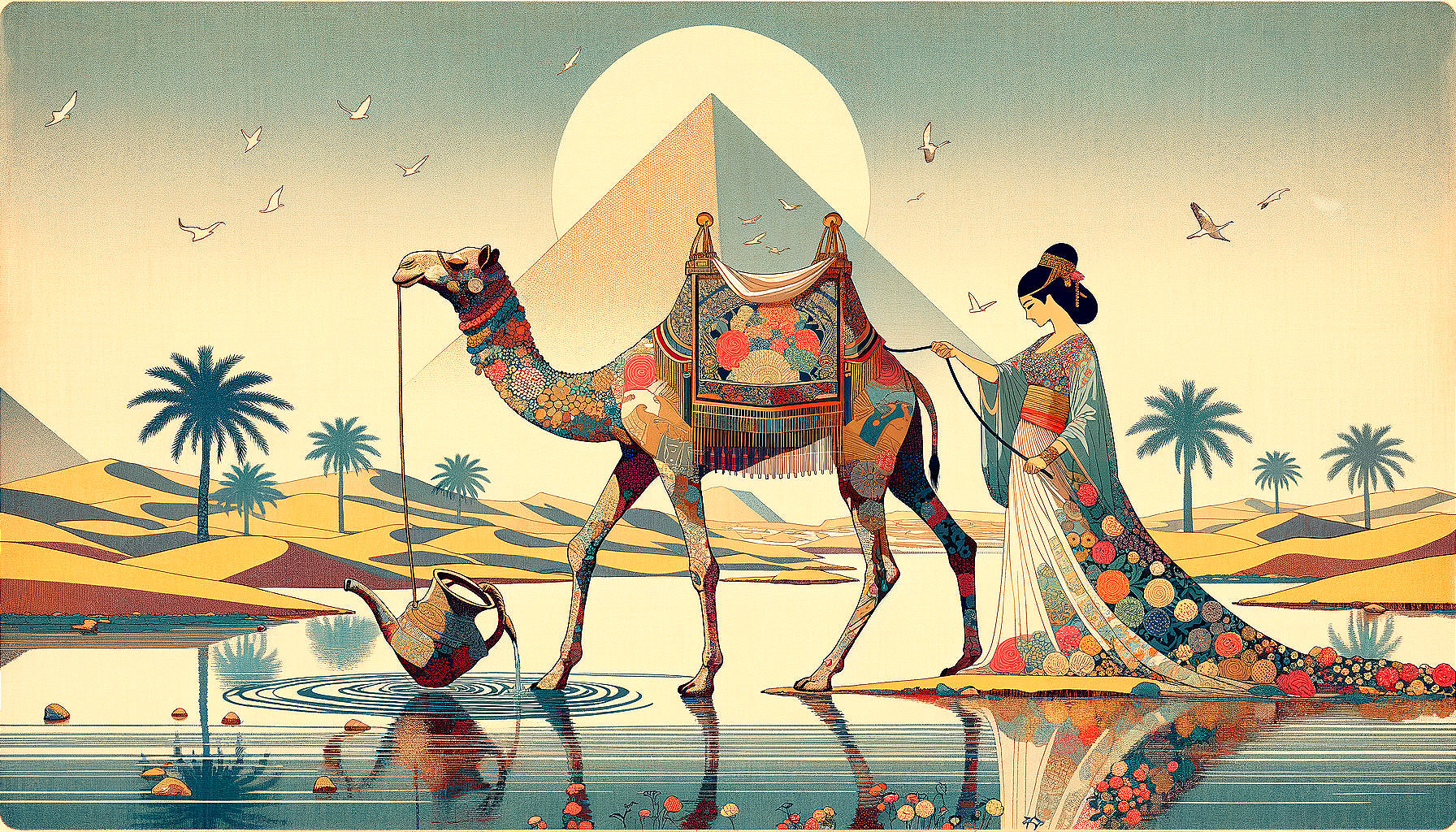 Desert Landscape with Woman, Camel, and Pyramid View