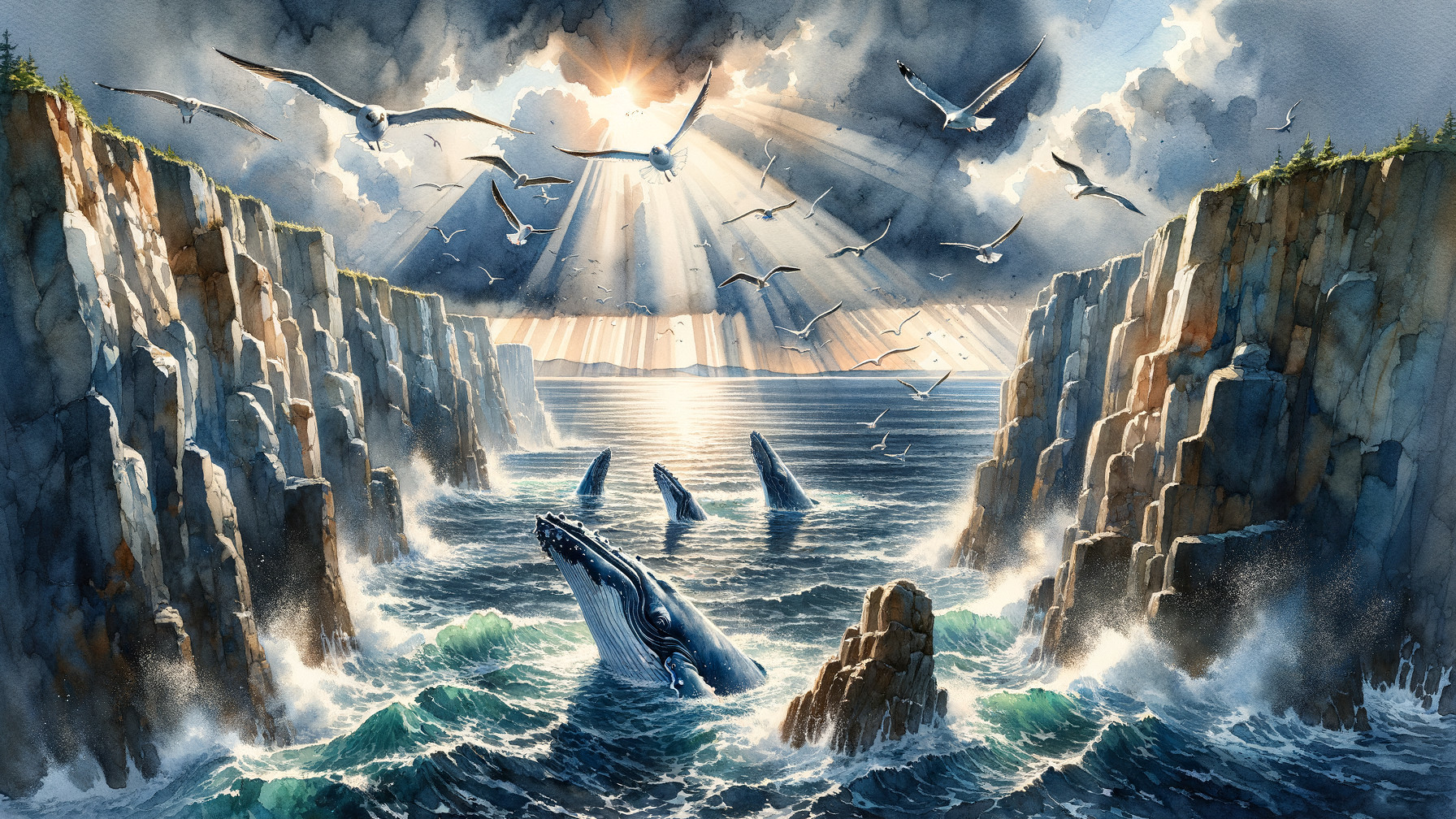 Majestic Whales in a Serene Seascape with Cliffs