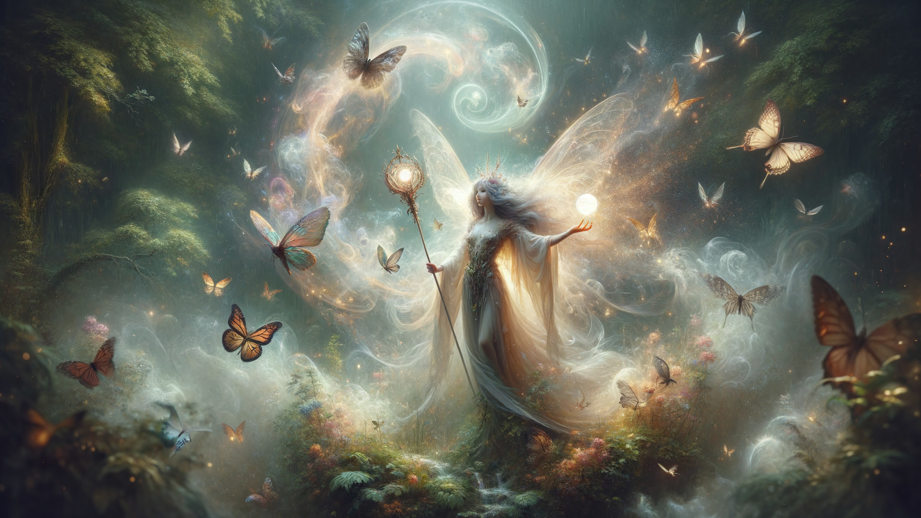 Fairy in a Magical Forest with Glowing Orbs and Butterflies