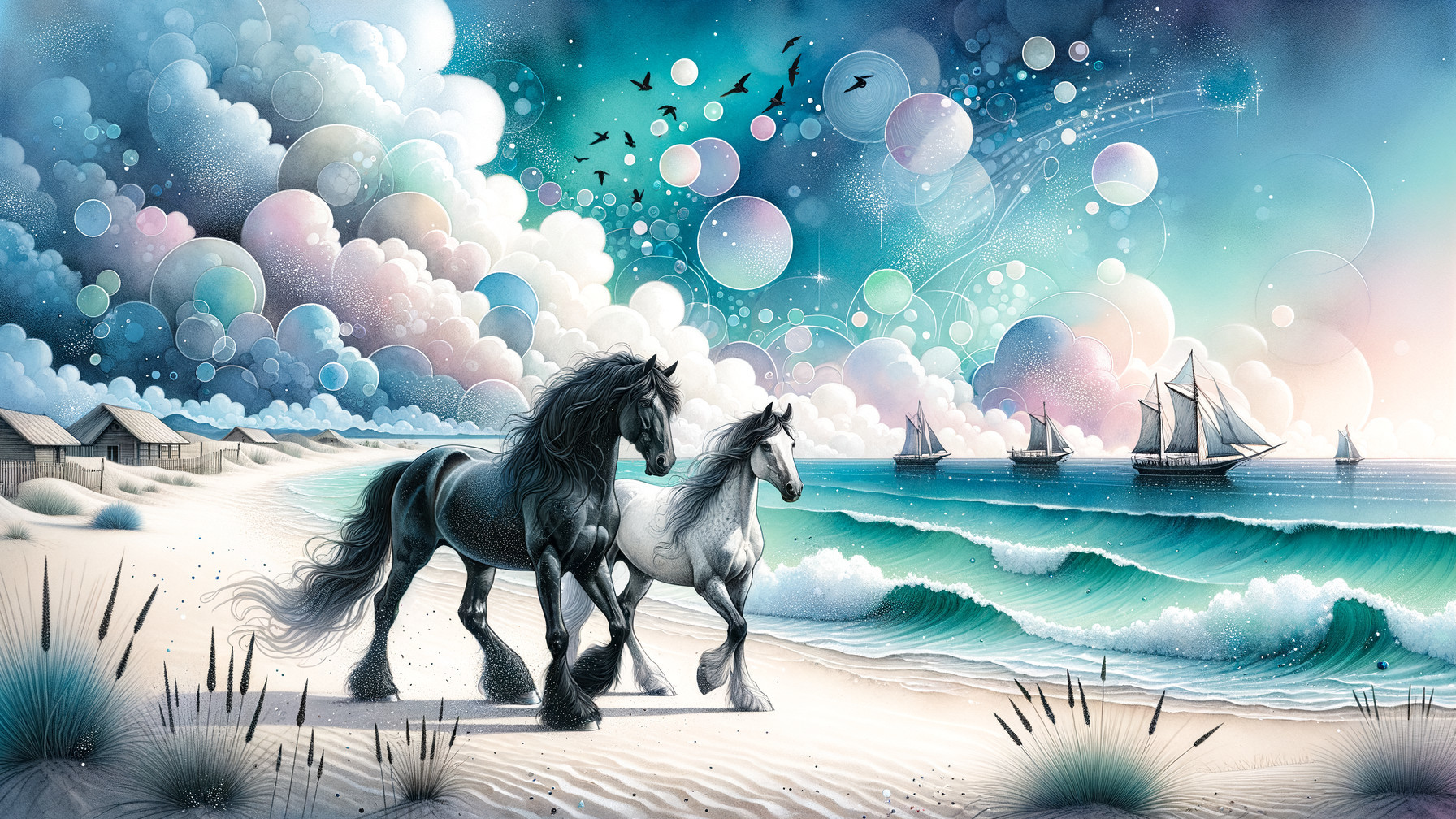 Coastal Scene with Galloping Horses and Bubbles