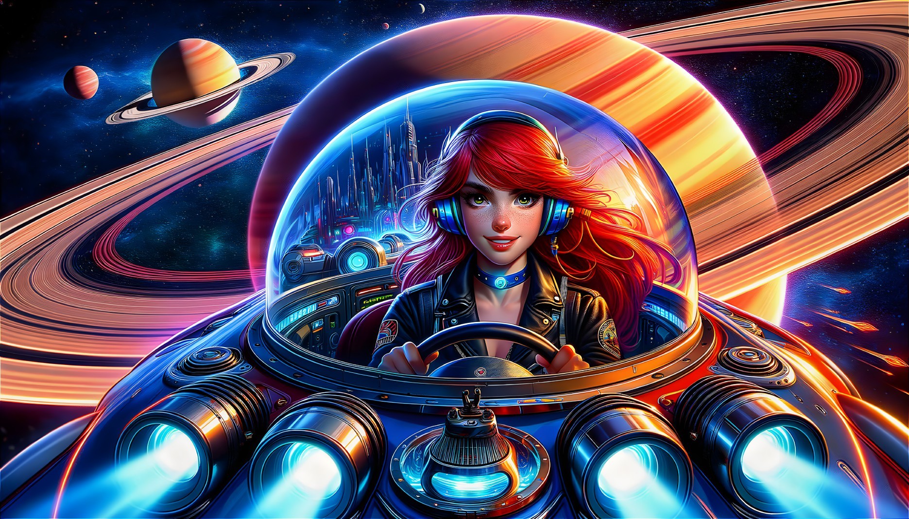 Futuristic Scene of Woman in Spacecraft Among Planets