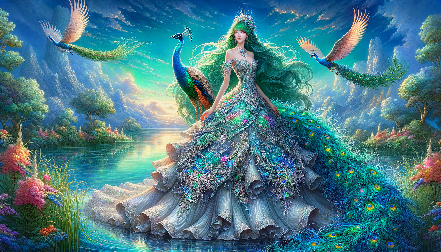 Fantasy Scene of Woman by Serene Lake at Sunset