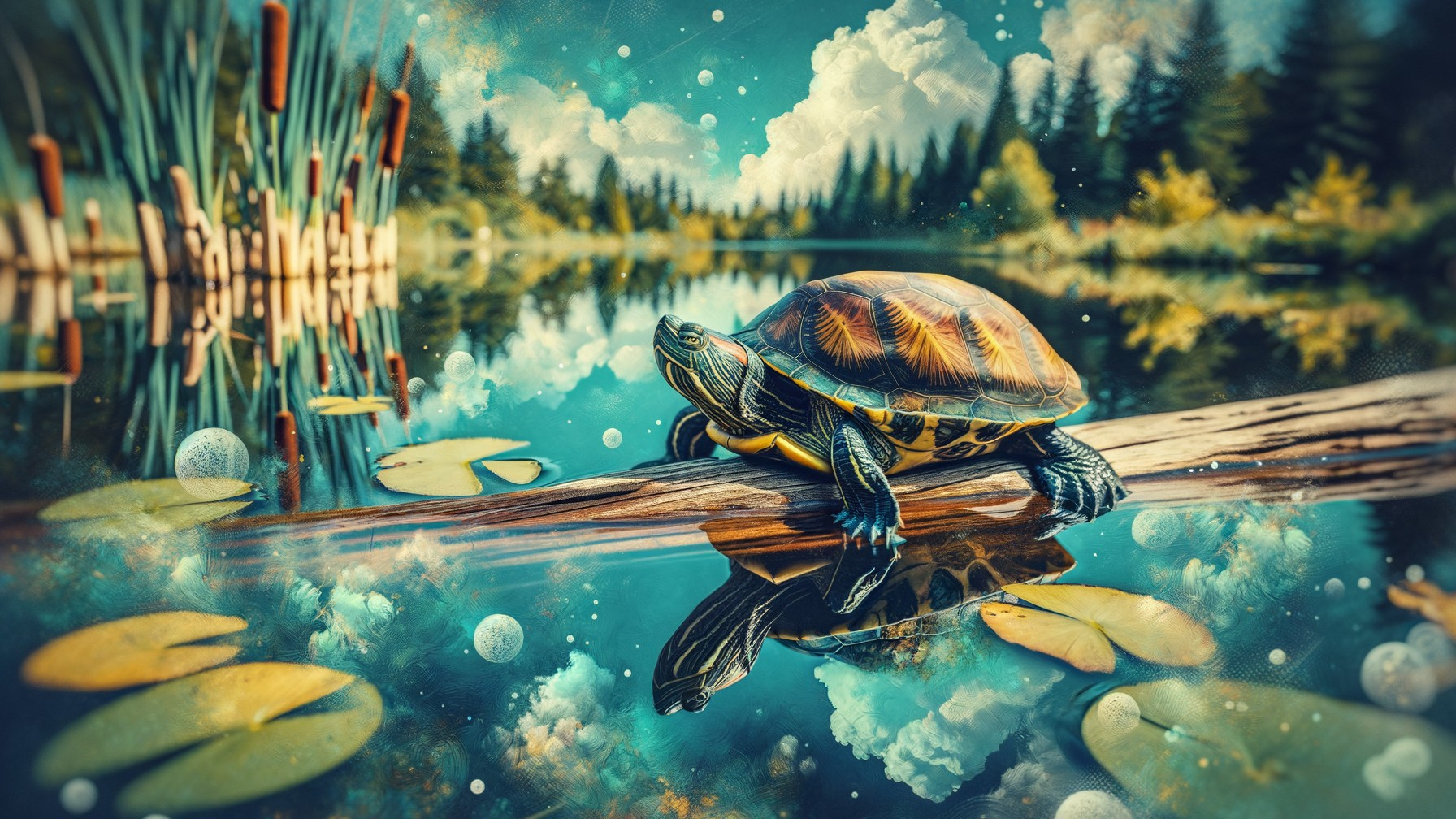 Colorful Turtle Basking in a Serene Pond Scene
