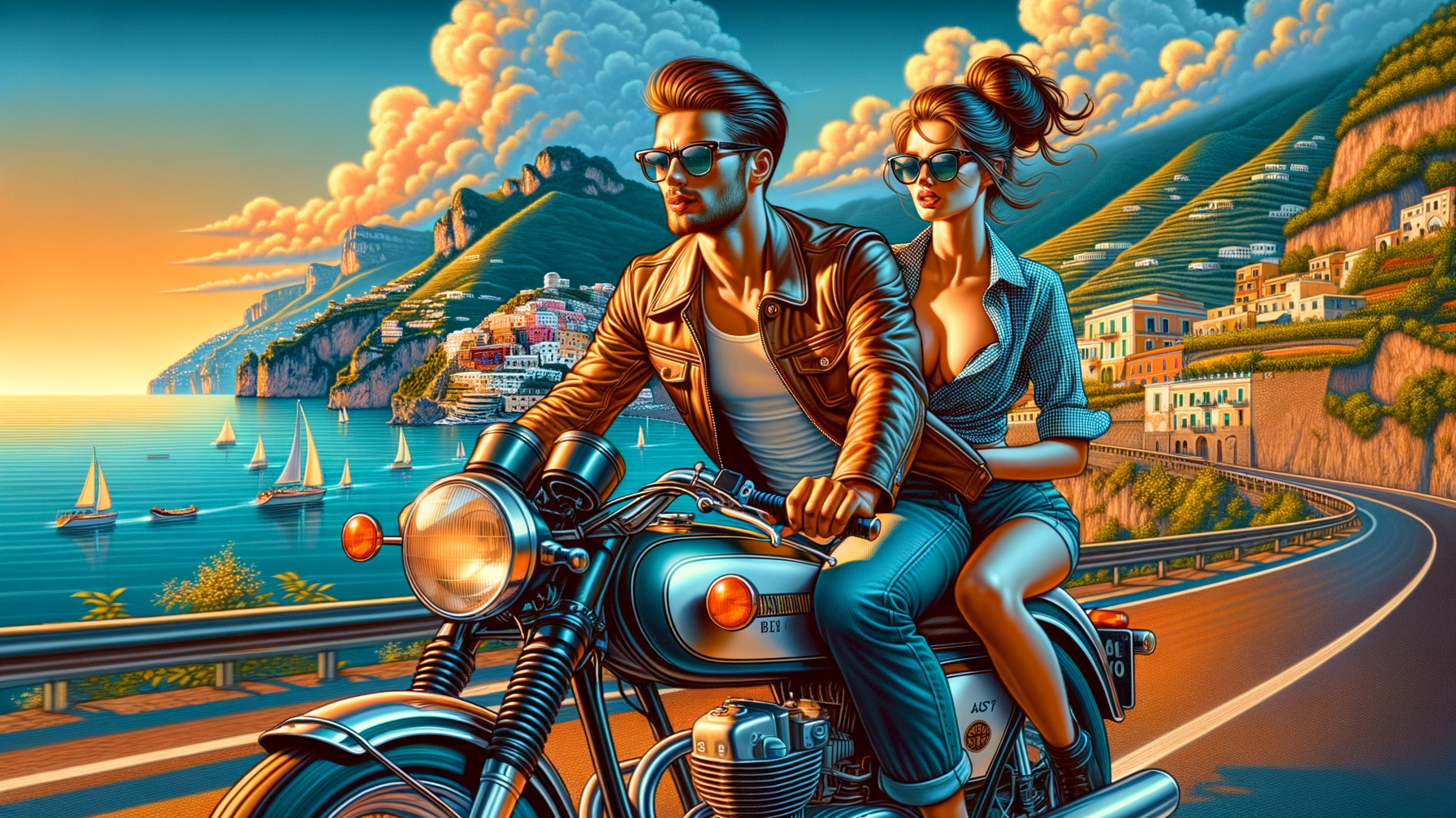 Couple Riding Classic Motorcycle on Coastal Road