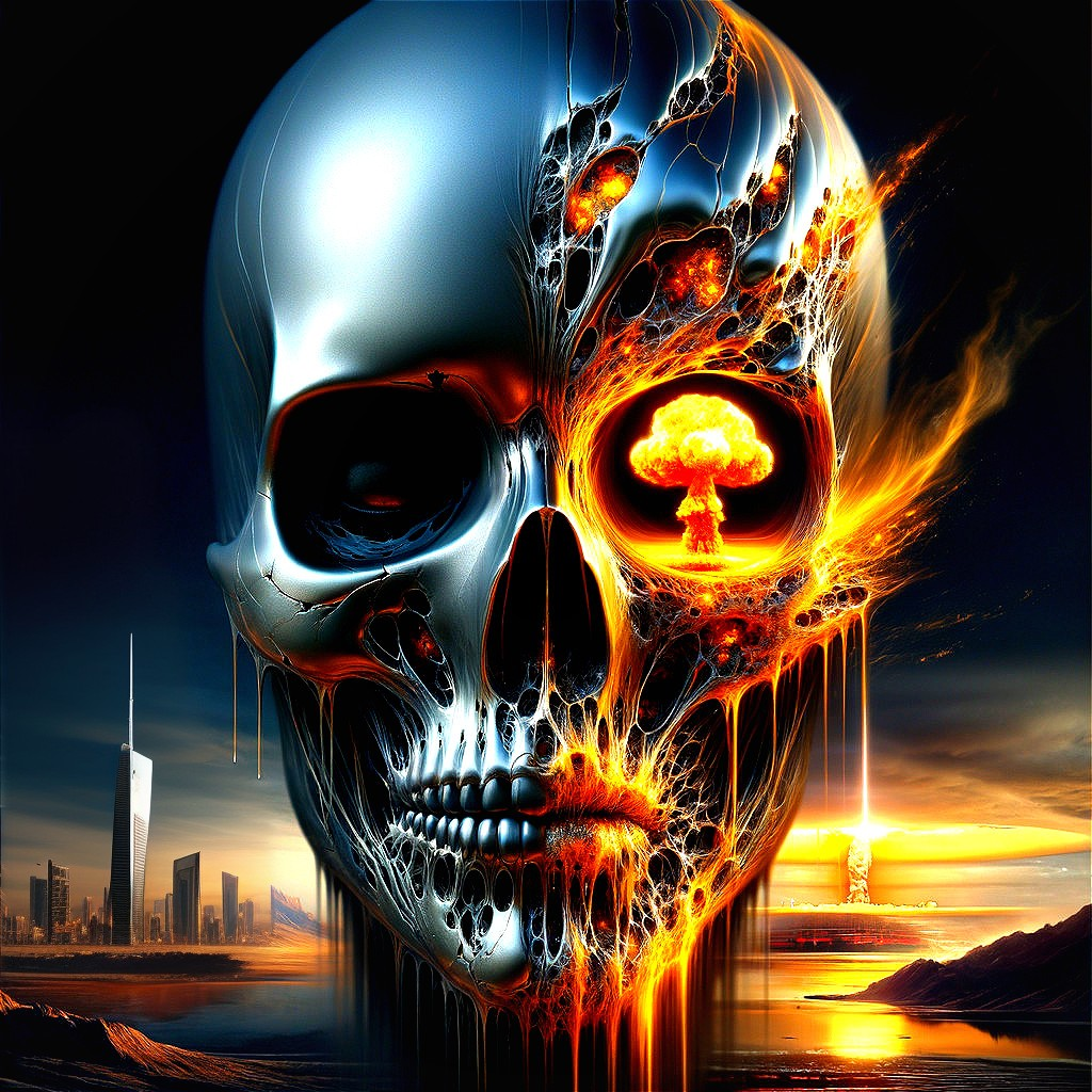 Metallic Skull with Fiery Cracks and Nuclear Explosion Eye in Apocalyptic Cityscape