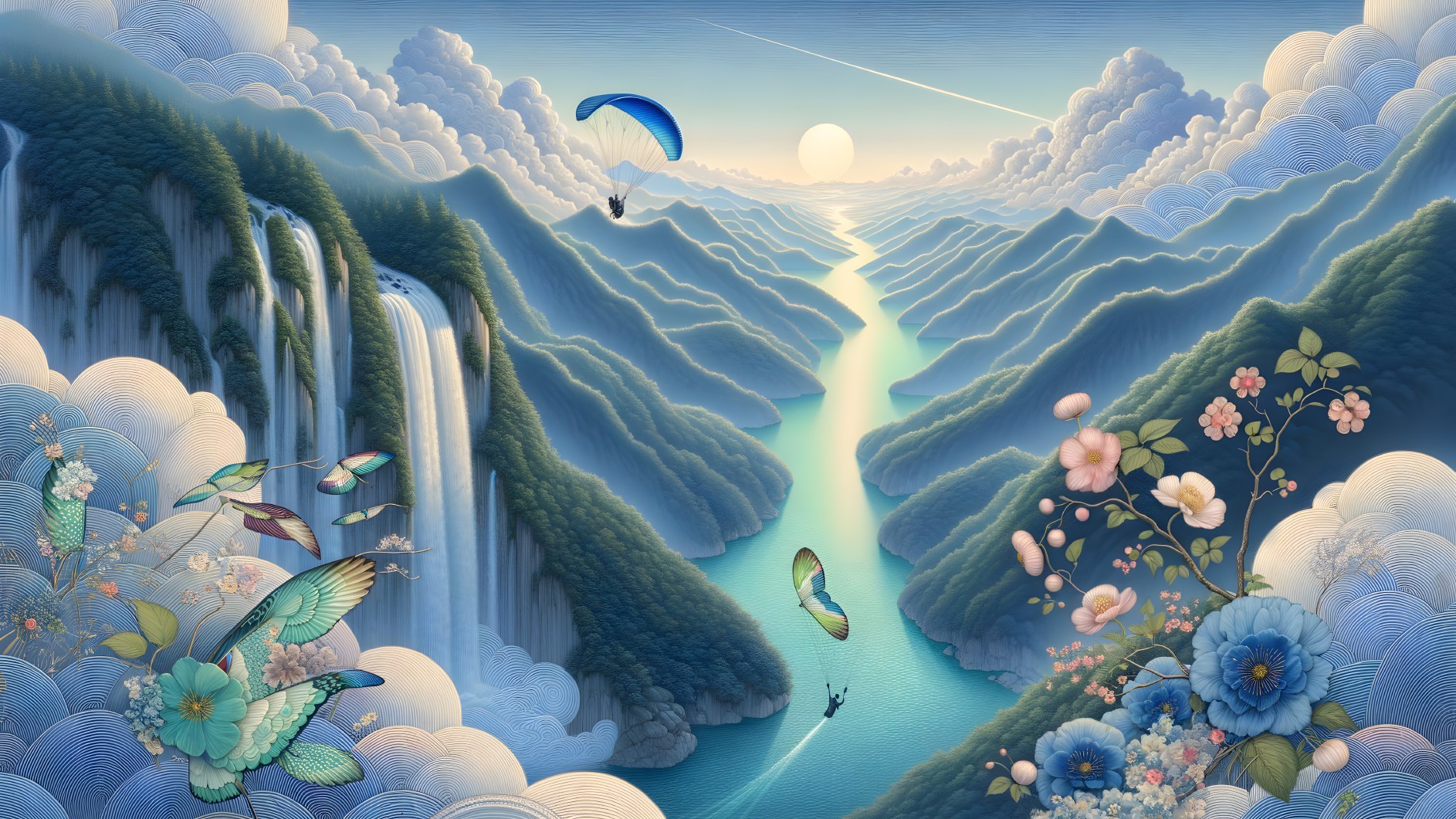 Serene Landscape with Mountains, River, and Paragliders