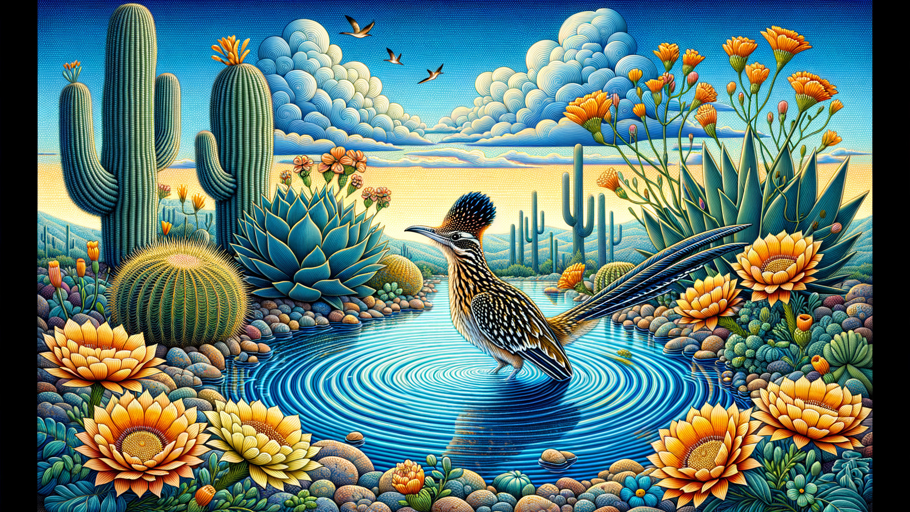 Colorful Desert Scene with Whimsical Bird and Flowers