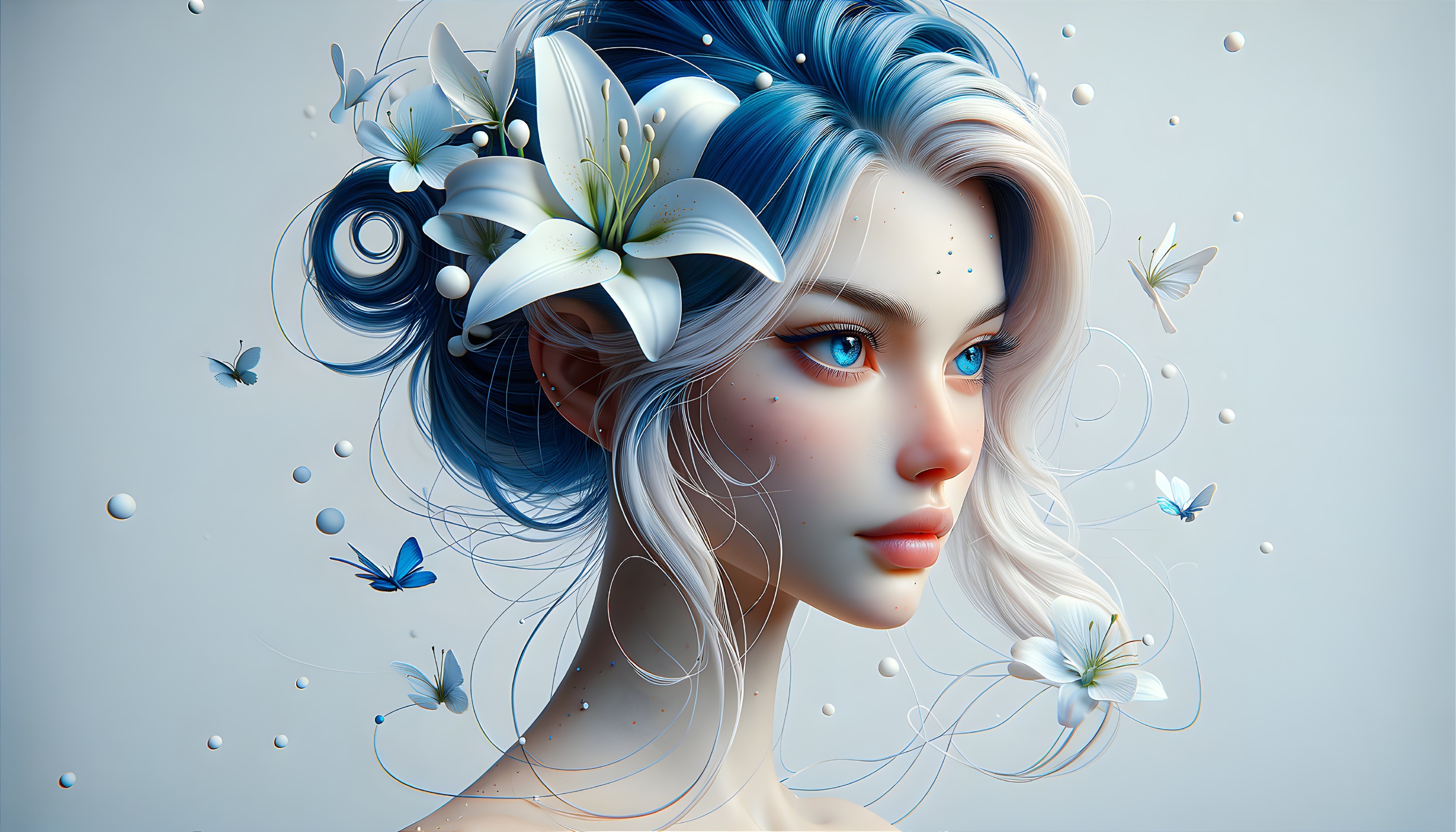 Stylized portrait of a woman with blue hair and lilies