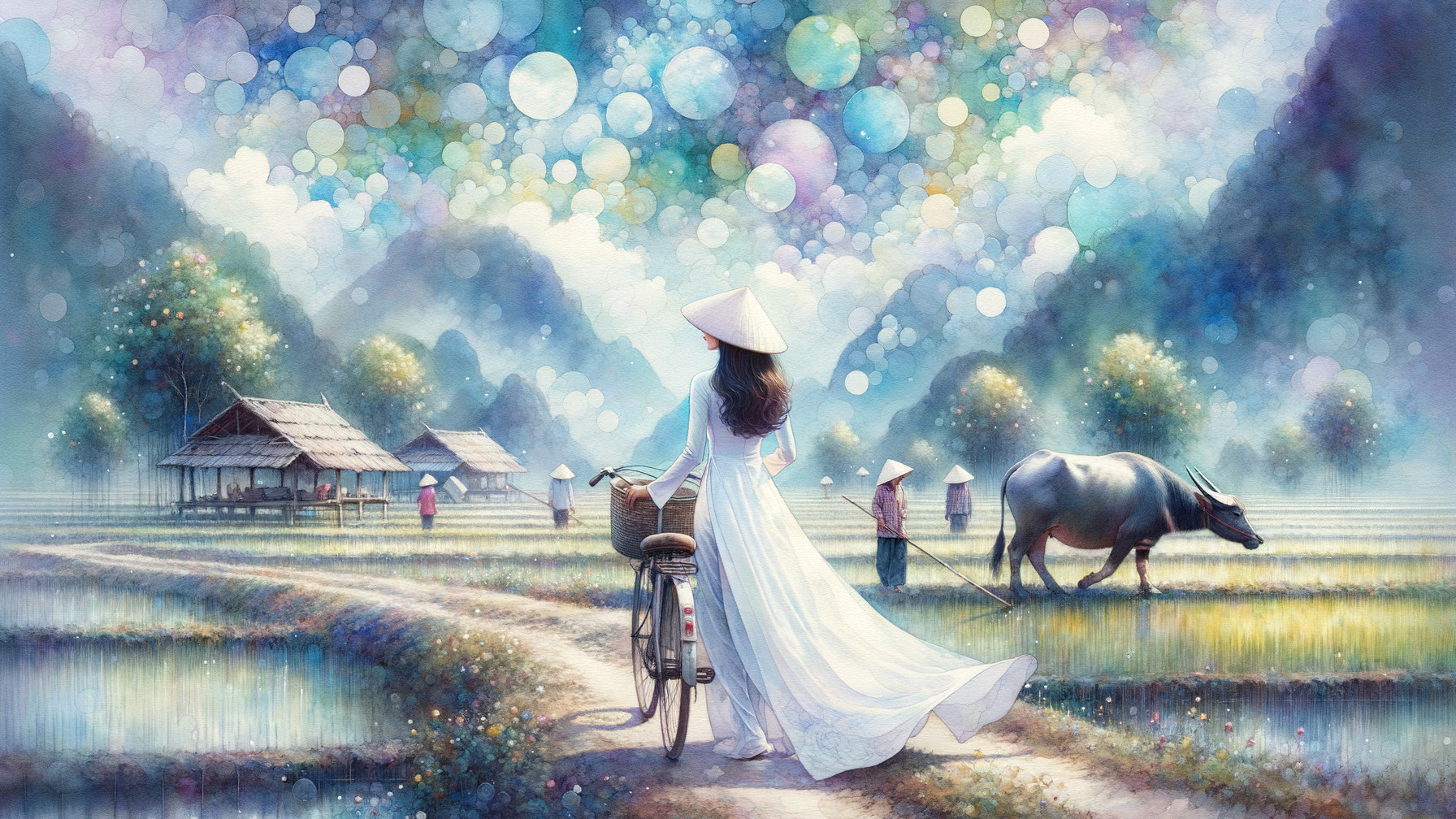 Young Woman Walking Bicycle in Rice Field Landscape