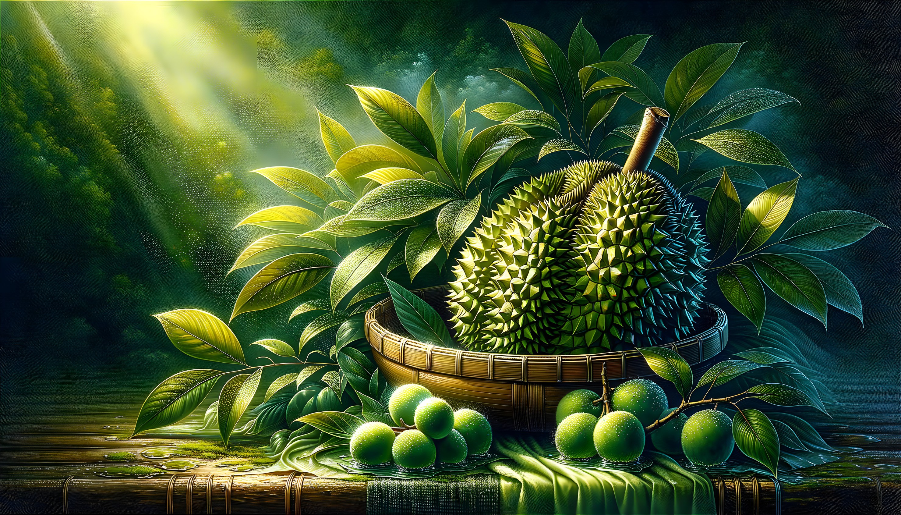 Vibrant Still Life with Durian and Lush Greenery