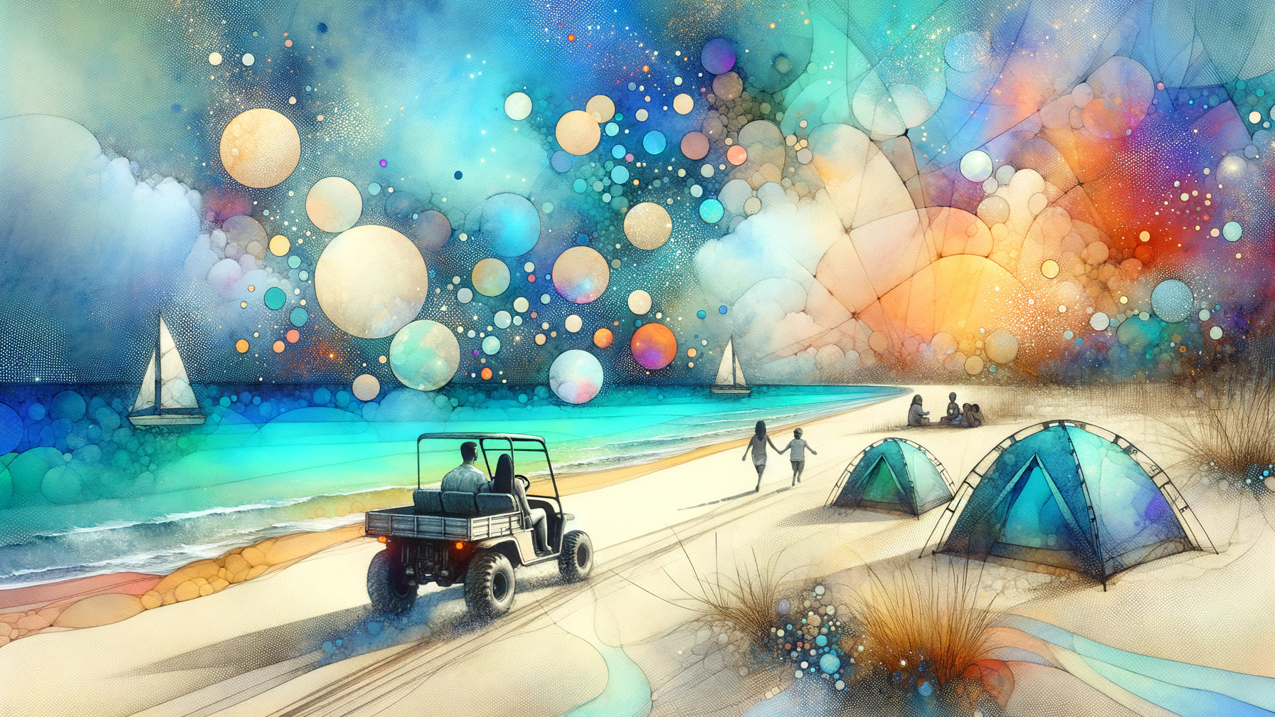 Vibrant Beach Scene with Abstract Bubbles and Sailboats