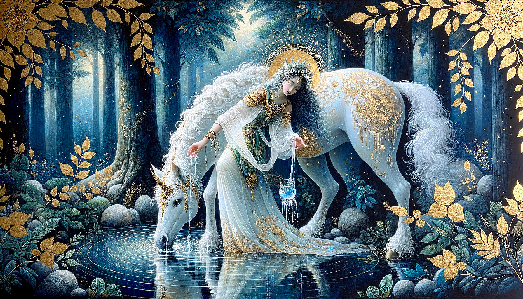 Mystical Scene of Woman and Unicorn by Shimmering Pool