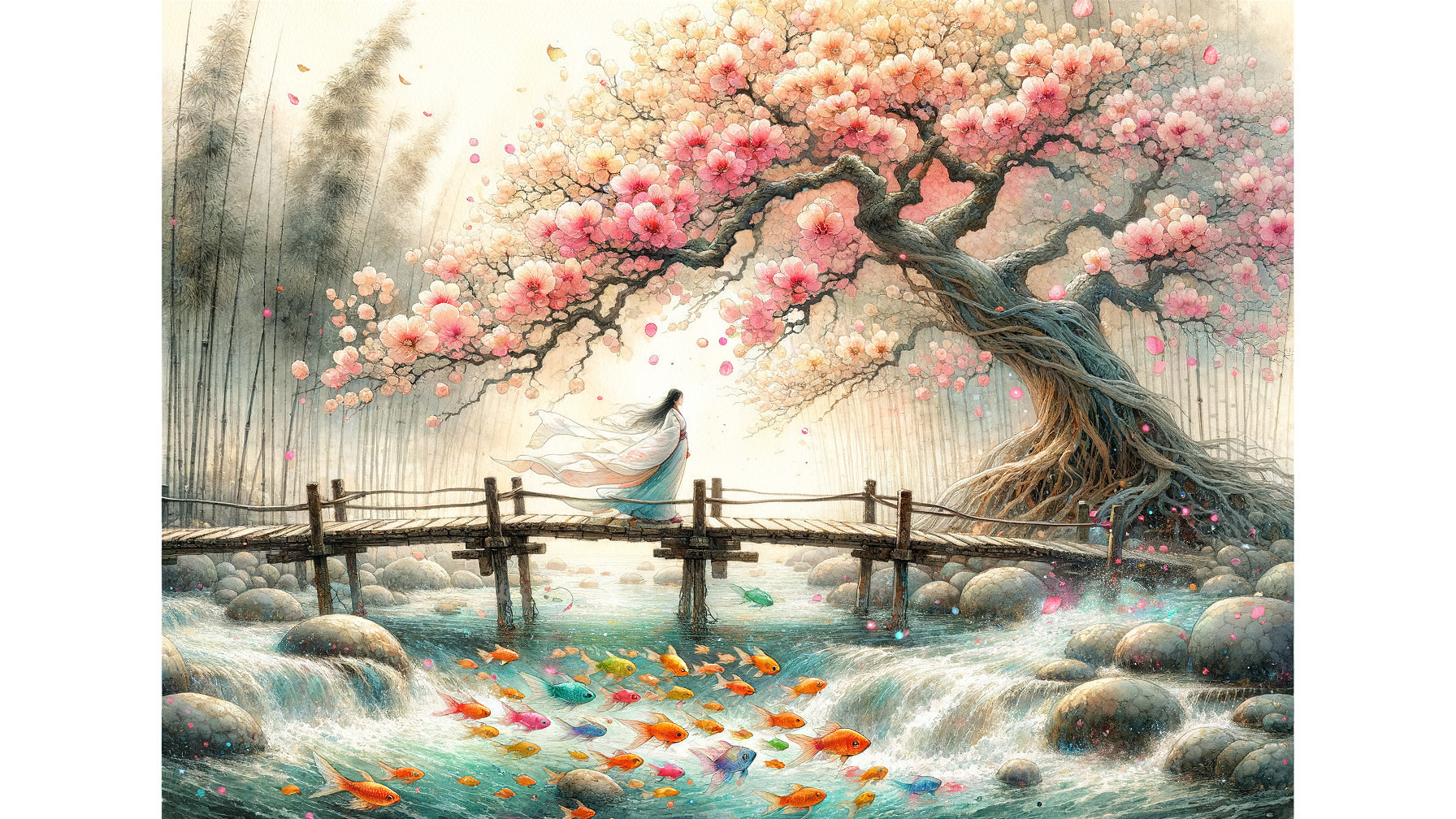 Dreamy Landscape with Blossoms and Tranquil Stream