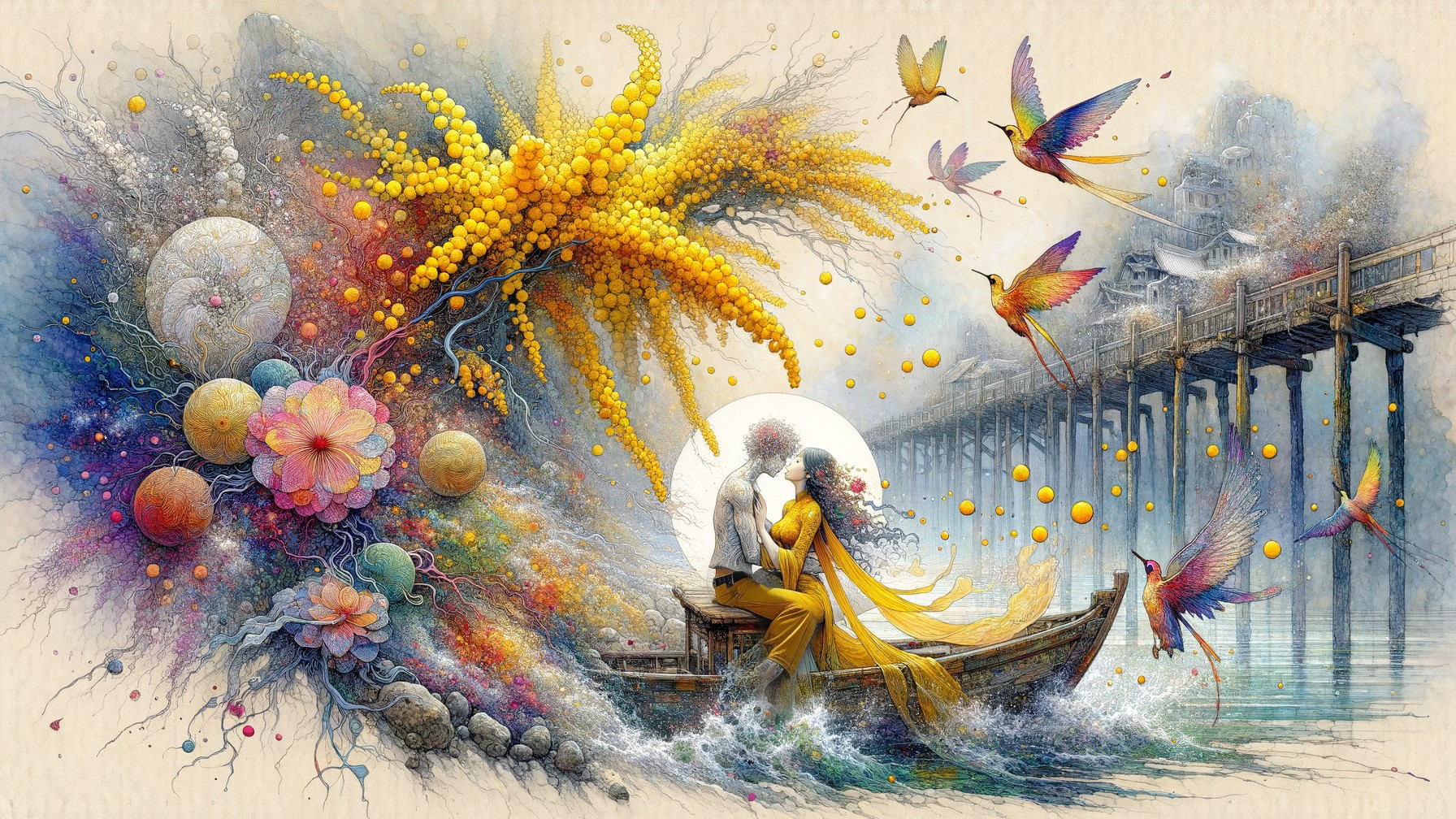 Couple in Boat Surrounded by Surreal Landscape