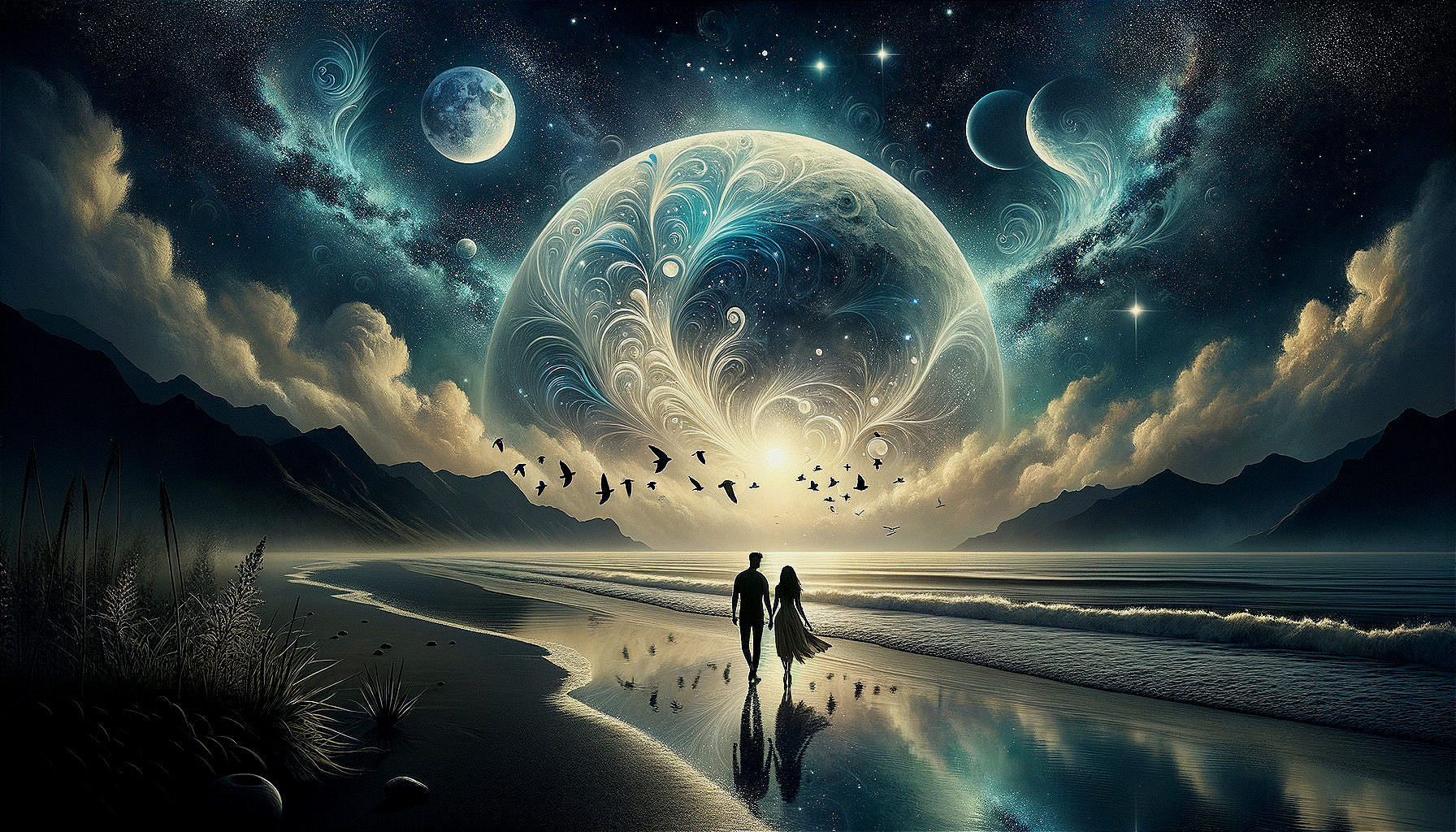 Couple Walking on Beach Under Cosmic Night Sky