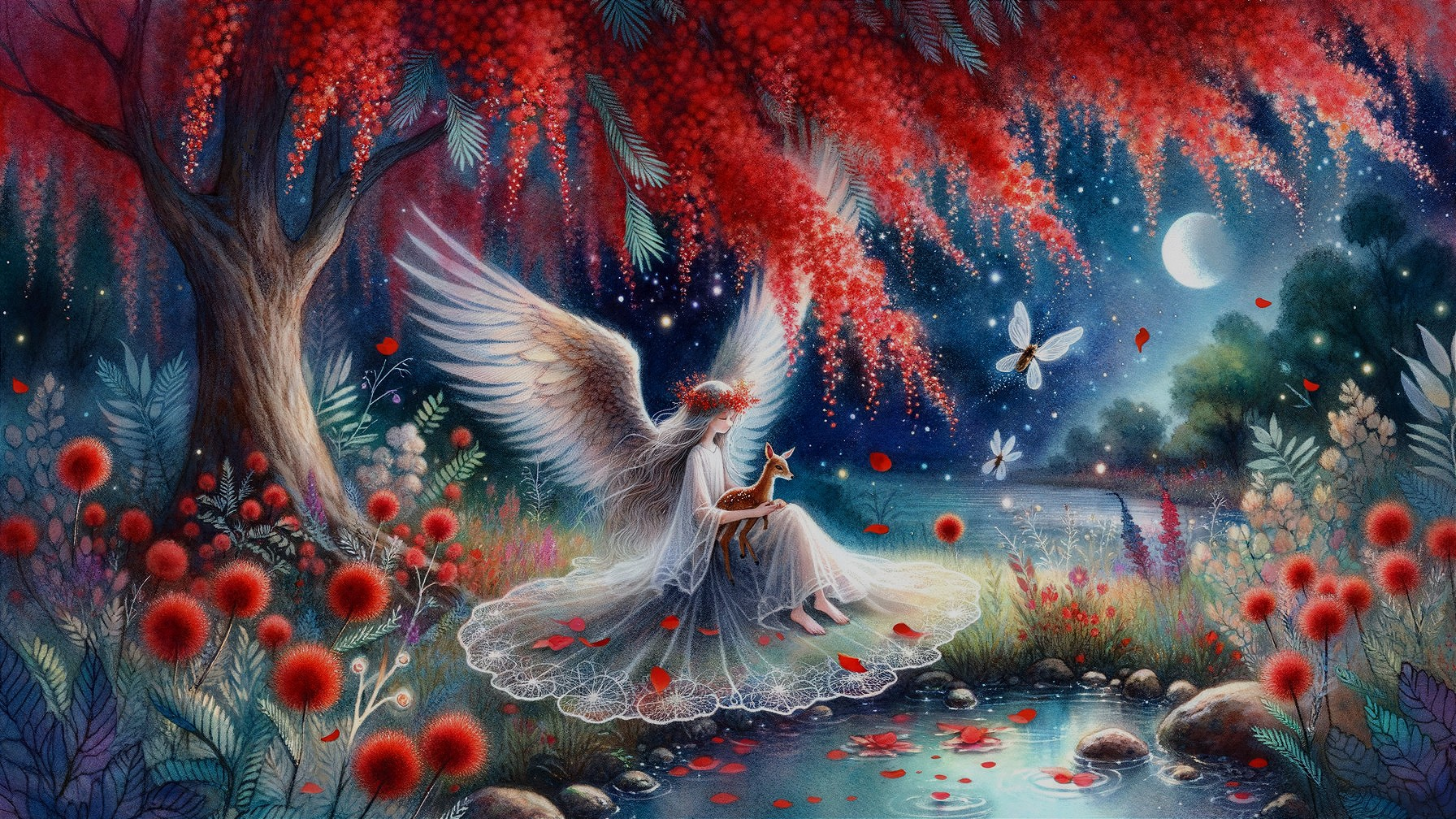 Serene Angel by Tranquil Pond in Magical Forest