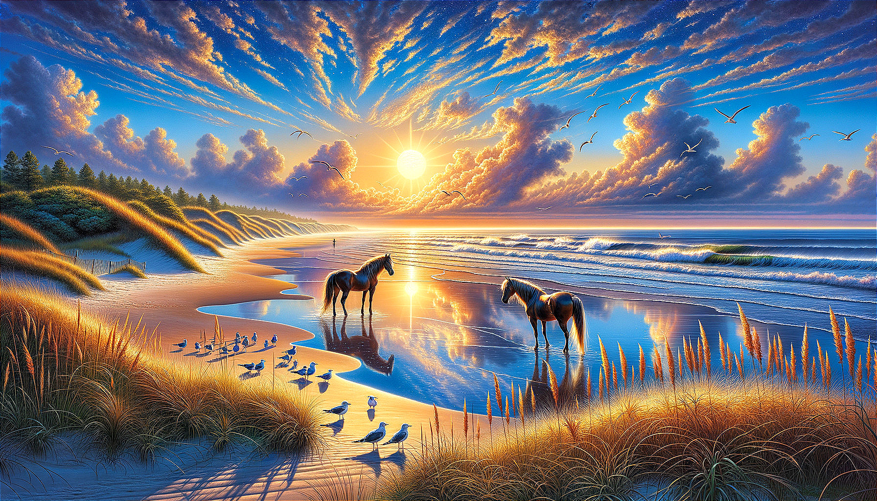 Serene Beach Sunset with Horses and Vibrant Sky