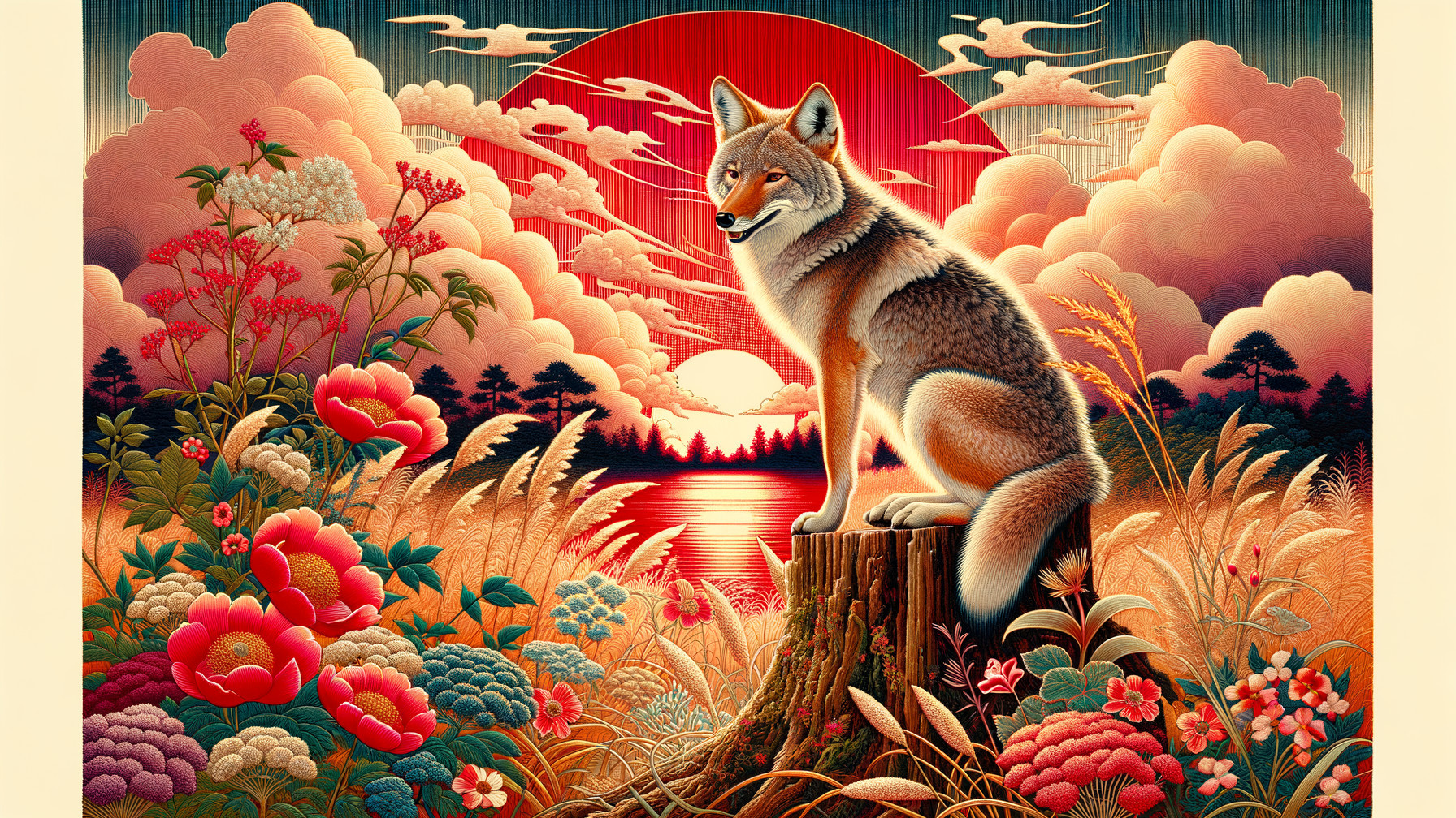 Coyote on Stump with Vibrant Sunset and Flowers
