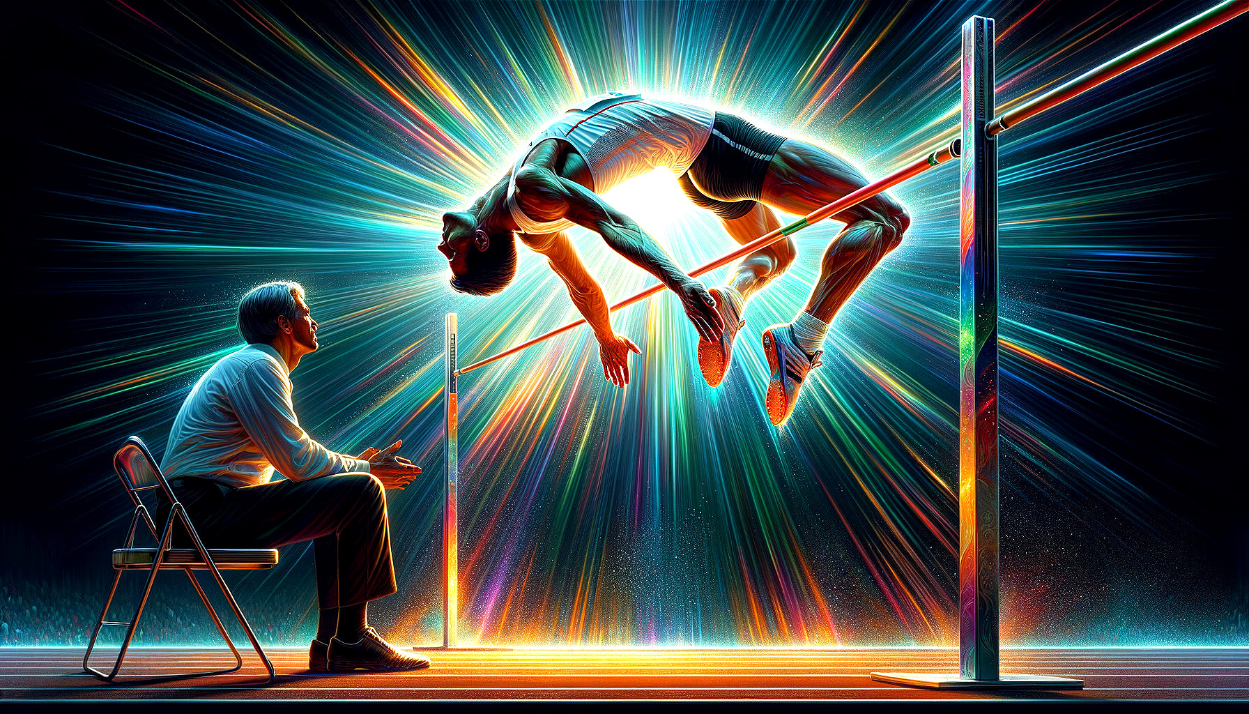 High jumper in vibrant colors with coach observing