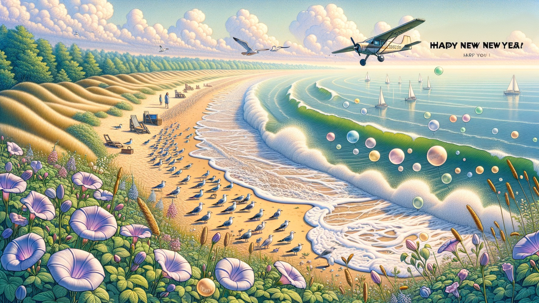 Vibrant Beach Scene with Sailboats and Airplane Illustration