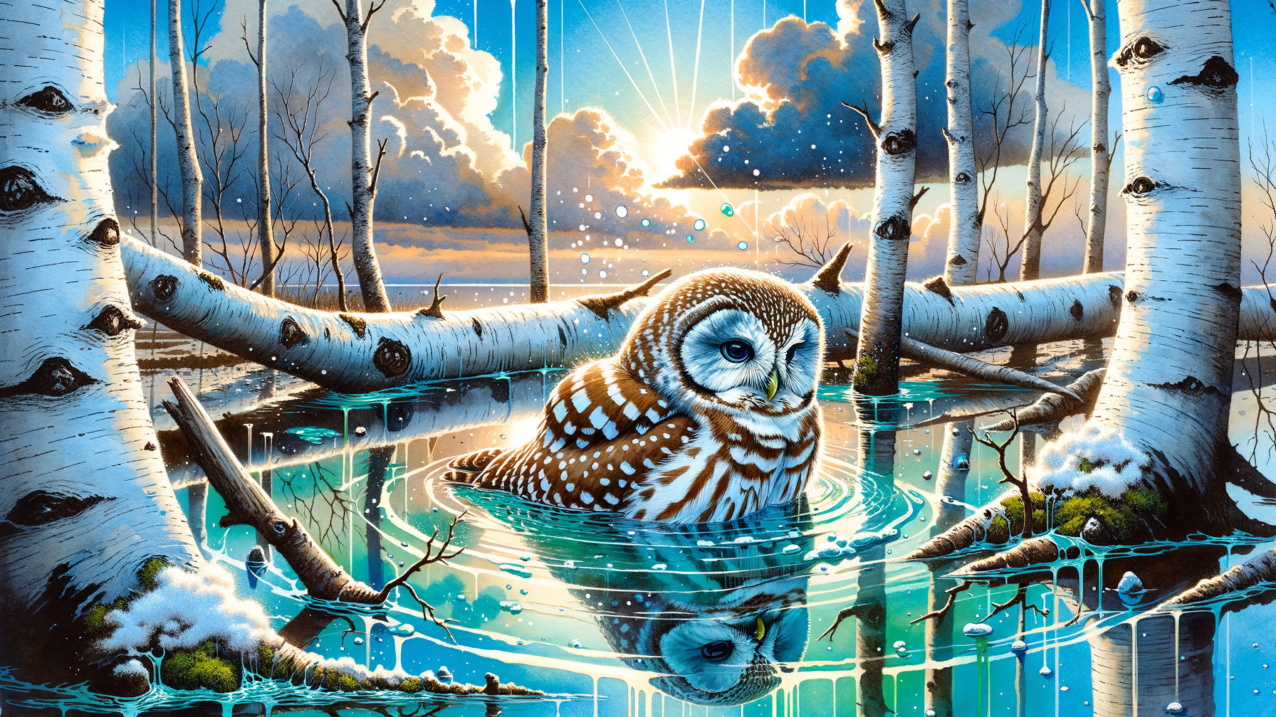 Owl on Water in Sunset Landscape with Birch Trees