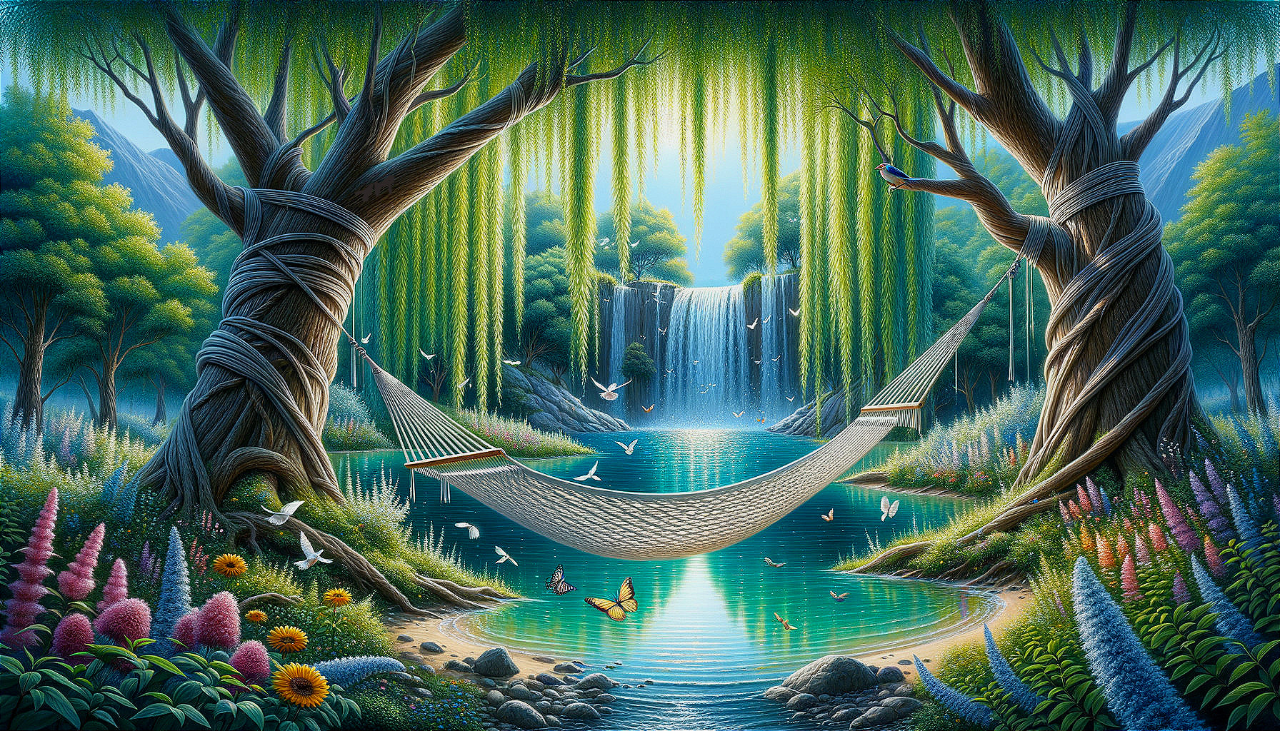 Tranquil Hammock Scene with Waterfall and Nature