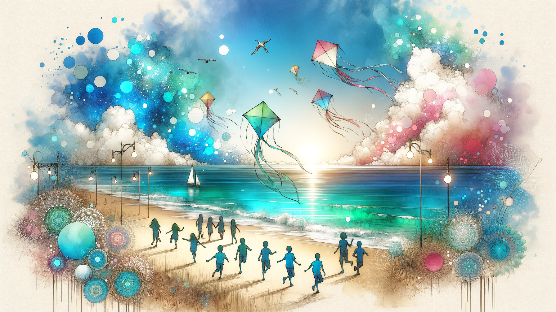 Vibrant Sunset Beach Scene with Kites and Waves