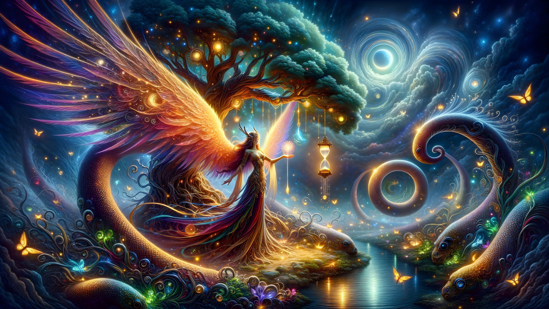 Majestic tree and ethereal figure in vibrant colors