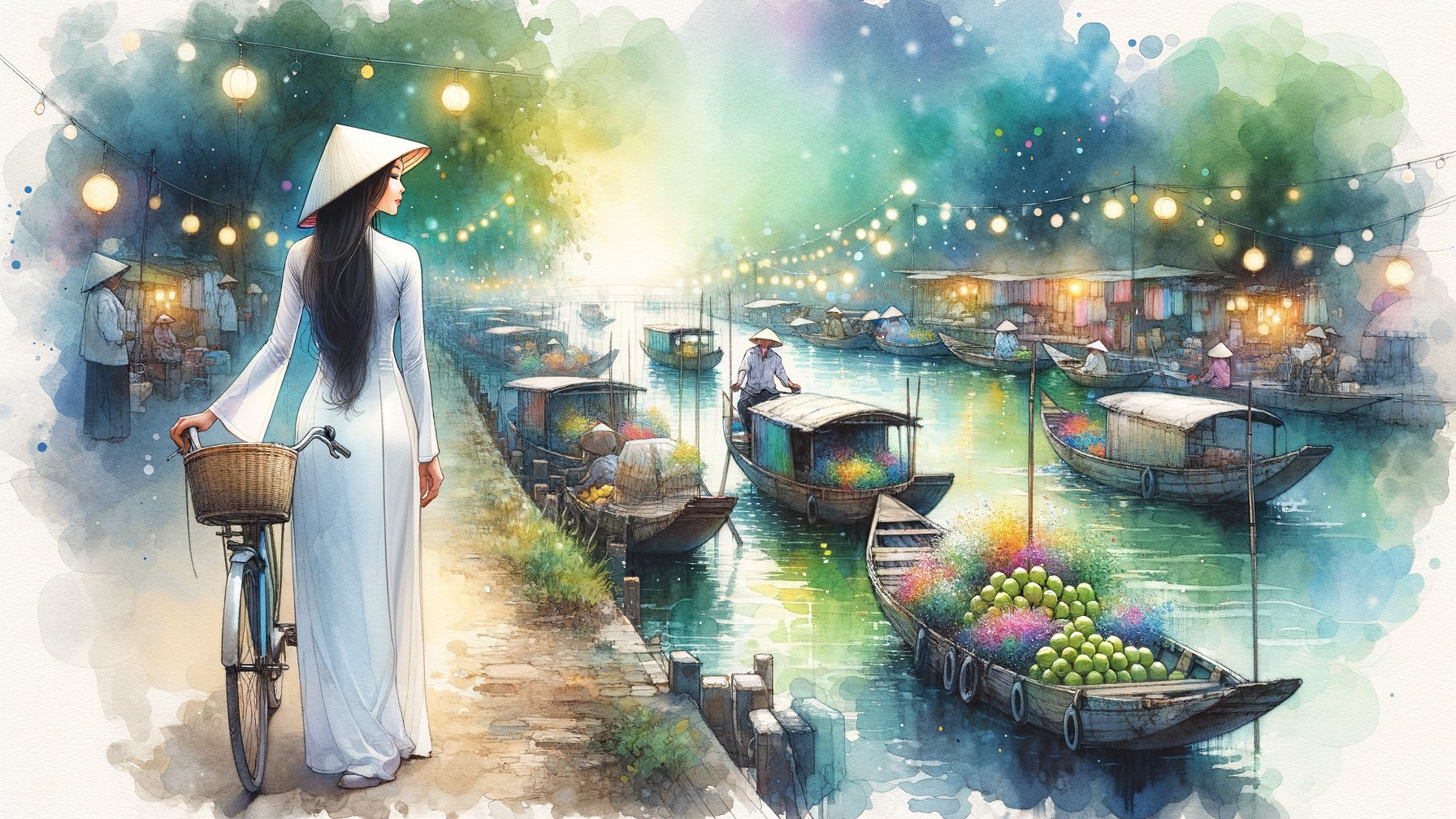 Riverside Market Scene at Dusk with Lanterns and Boats