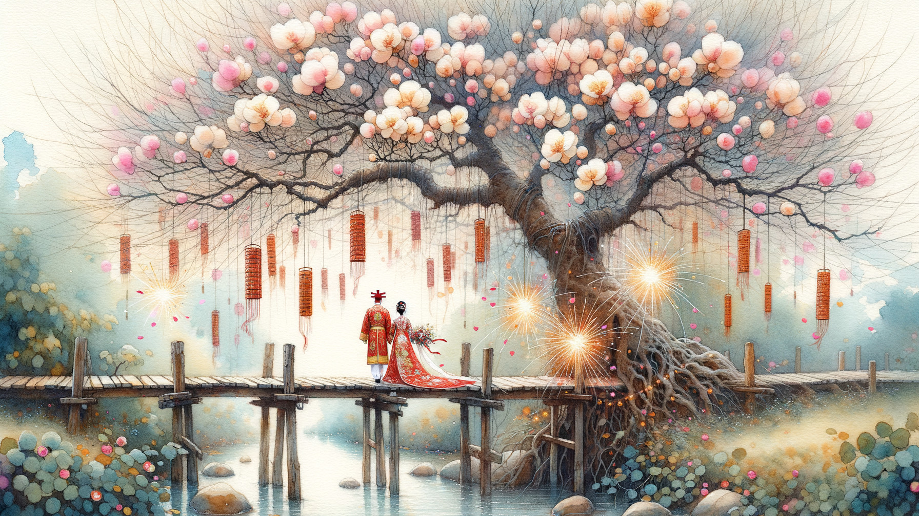 Couple on Wooden Bridge Under Cherry Blossom Tree