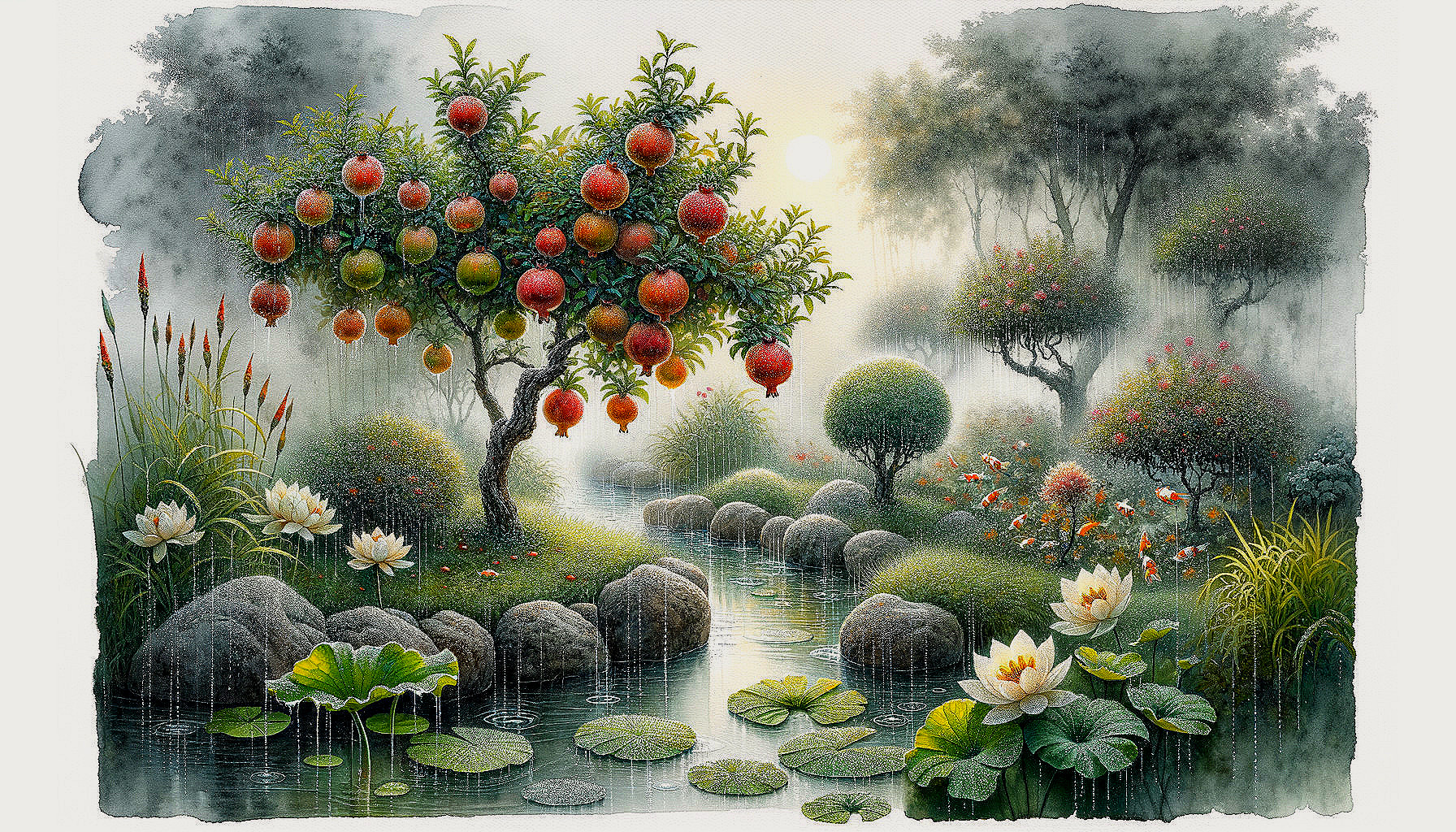 Tranquil Garden Scene with Lush Greenery and Blossoms