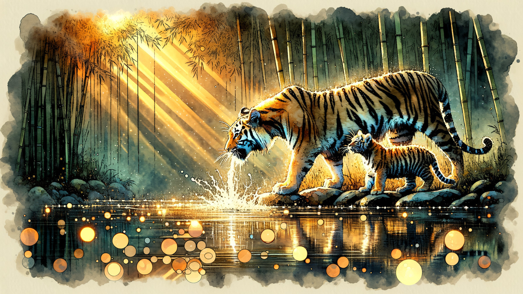 Mother Tiger and Cub at Serene Bamboo Pond