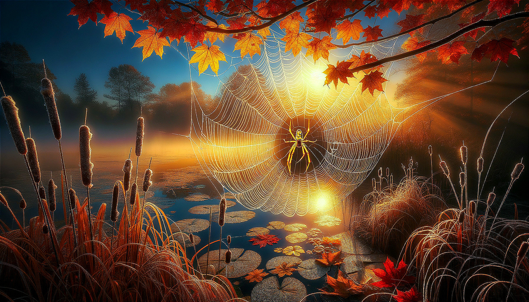 Serene Autumn Scene with Dewy Spider Web and Pond