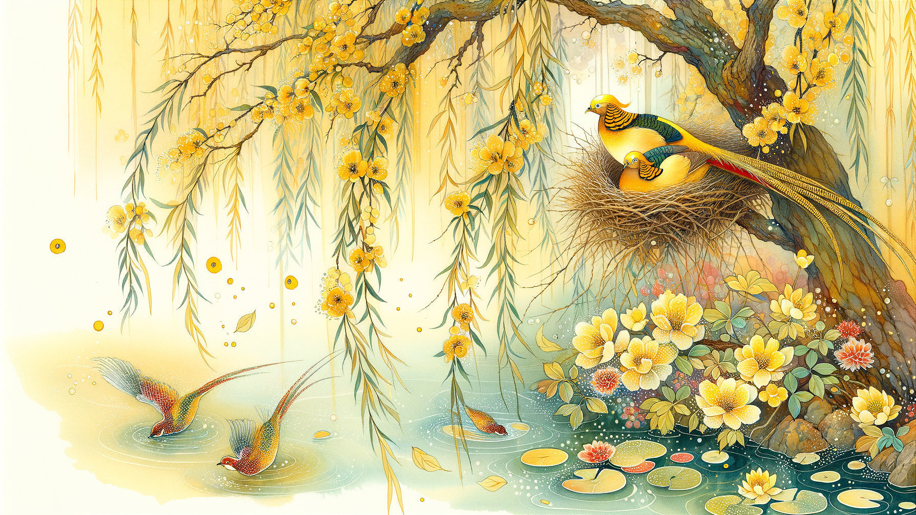 Pastel Landscape with Willow Tree and Vibrant Birds