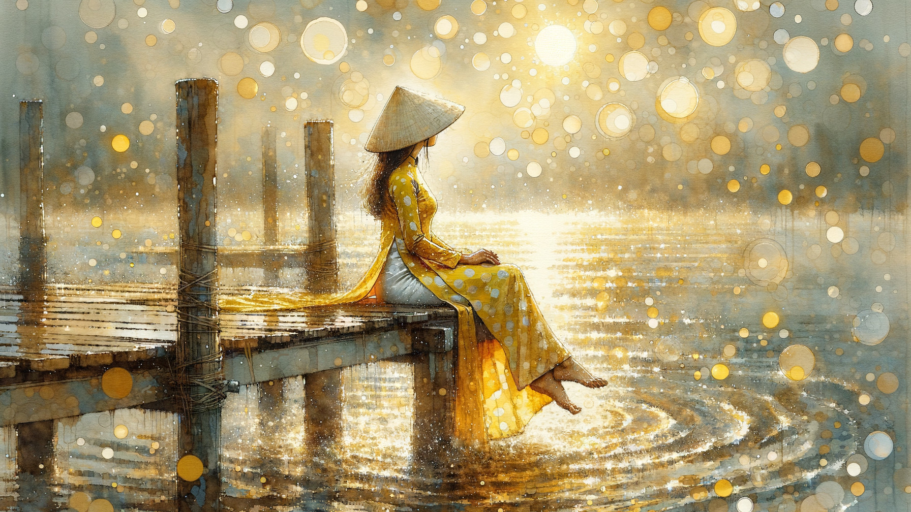 Woman in Yellow Dress by Sunrise on Wooden Dock
