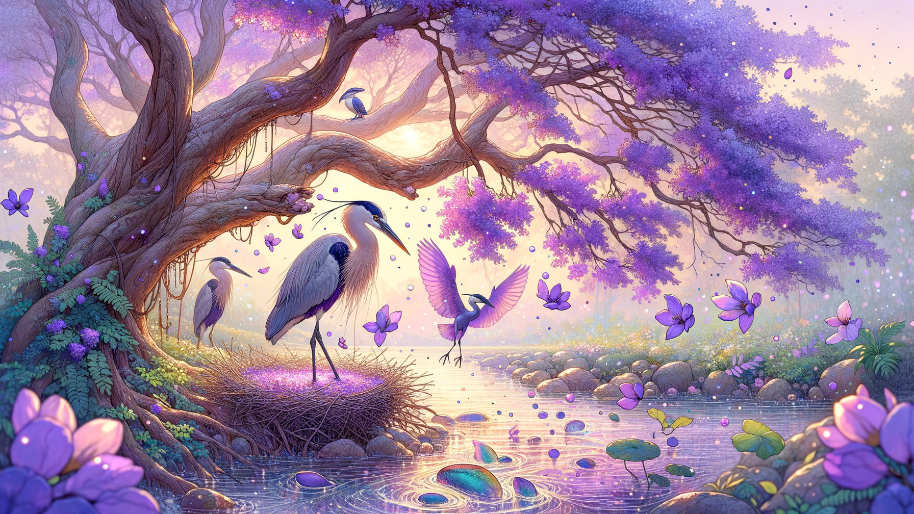 Enchanting River Scene with Herons and Flowers