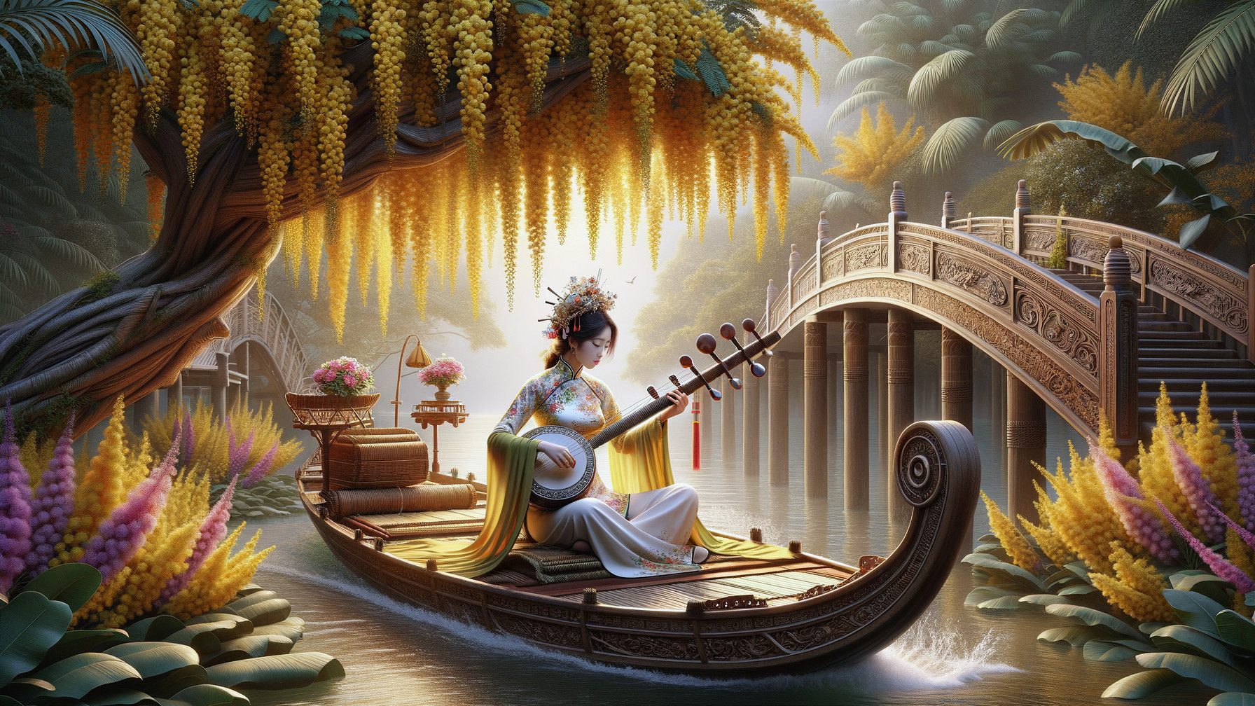 Serene Landscape with Woman Playing Stringed Instrument