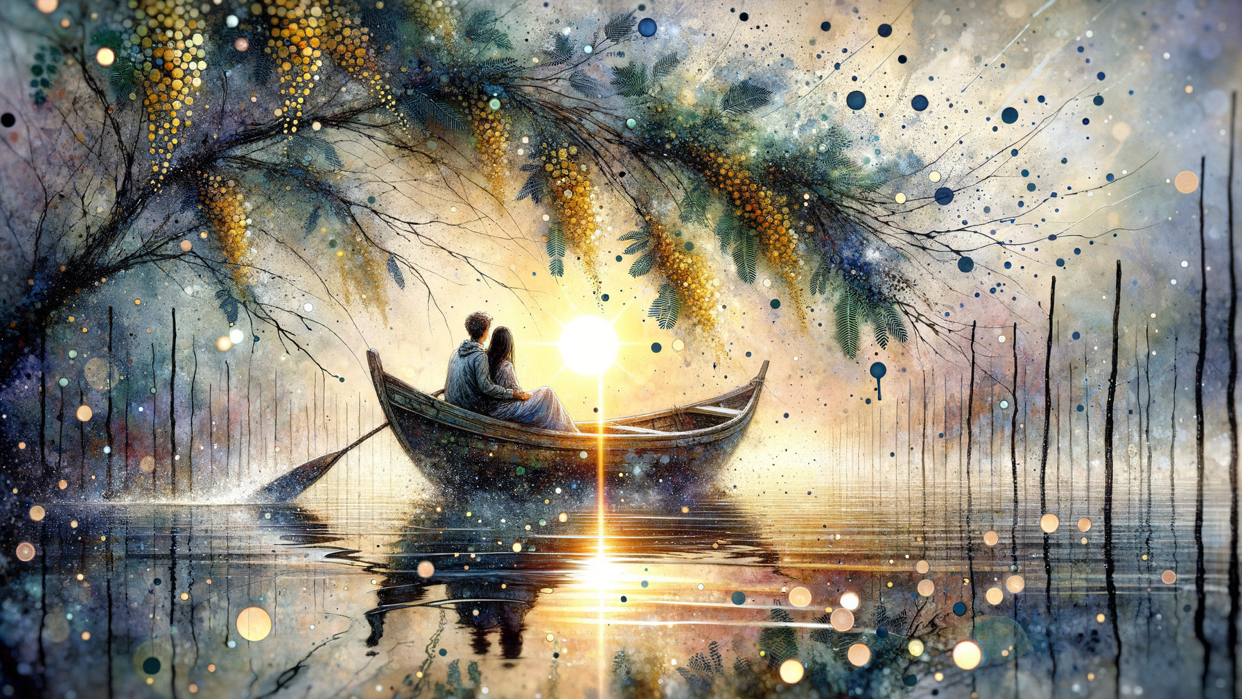 Couple in Boat on Tranquil Lake with Ethereal Colors