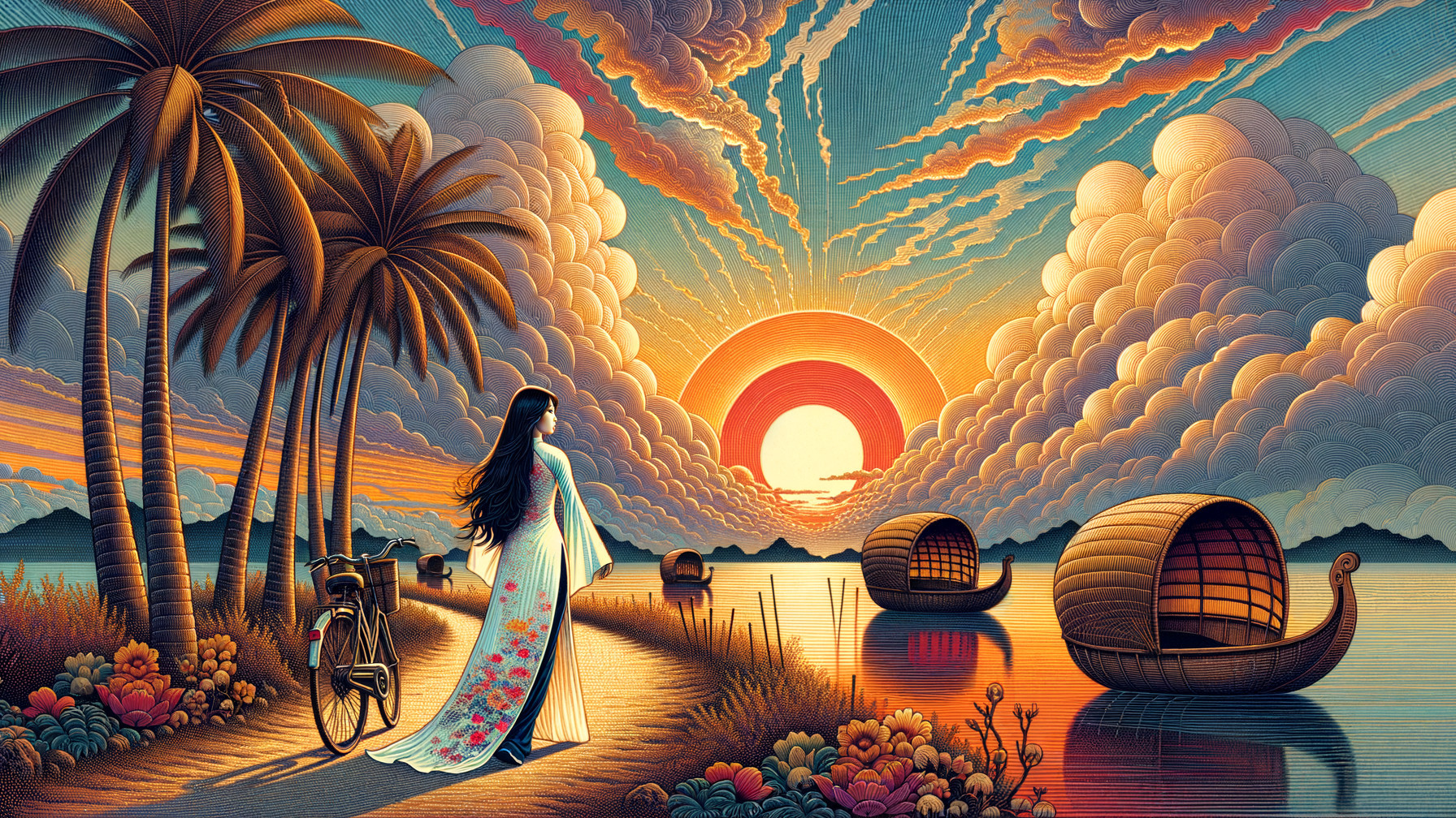 Serene Landscape with Woman by Tranquil Lake at Sunset