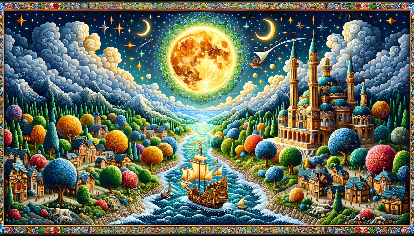 Vibrant Landscape with River, Castle, and Moonlight