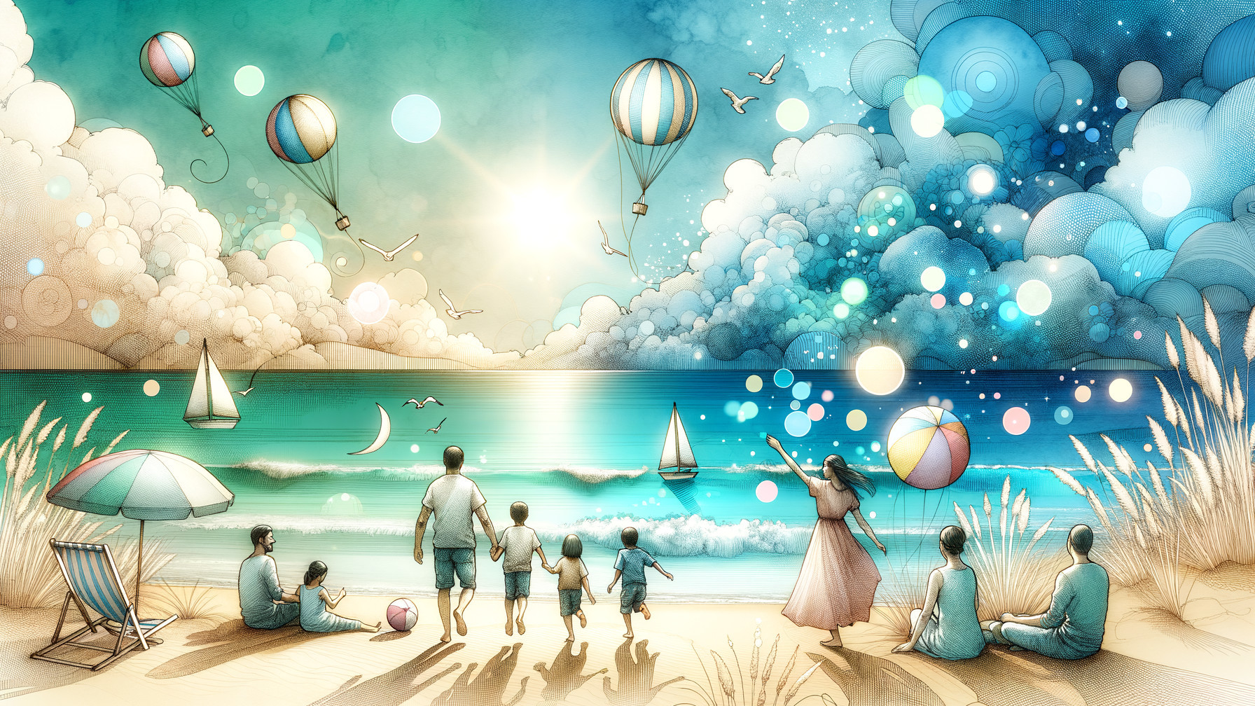 Family Beach Day with Hot Air Balloons and Waves