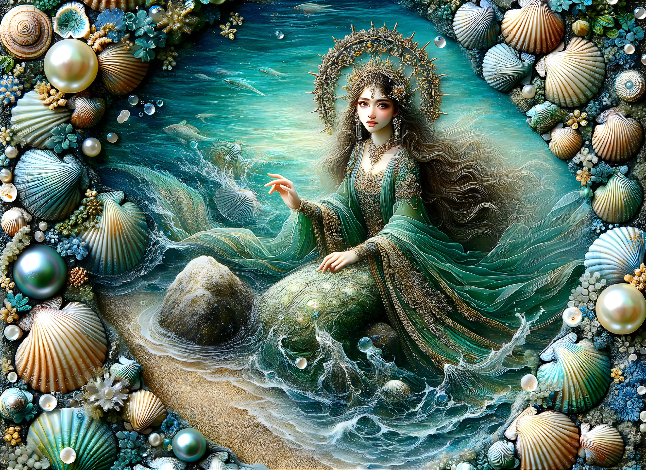 Mystical Figure in Turquoise and Emerald Ocean